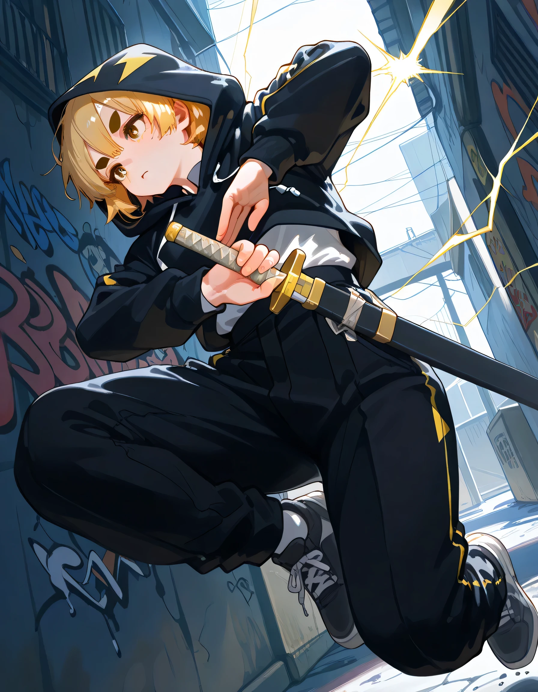 (dutch angle,dynamicA fighter jumping high in the air, preparing to strike pose),looking away,30years old,adult man,muscle:0.3,man's face,male's eyes,(zen1tsuag4tsuma), short hair, blonde hair, yellow eyes, thick eyebrows,adult man face,triangle print, black jacket, long sleeves, black pants,Black hoodie, hood up, back alley, dark place, cool impression, dark person, graffiti art,sword in a scabbard、ready、 mid-waist、battoujutsu、The effect of putting lightning on the body、electric Lightning spark waves+,