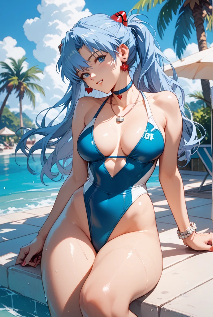 Anime Kawaii  Perfect Slim sensual body large  and huge thighs, An intricate and highly detailed illustration of anime (Young girl  (cute), ((sexly)), ((Very detailed)), 4K, (8k), Highest quality,Cowboy Shot,Sexy woman, One Woman,Very large breasts,((Light blue hair color)),((Blue eyes)),(High Ponytail),((Embarrassing)),(((High leg competitive swimsuit))),Ultra-glossy body,Poolside