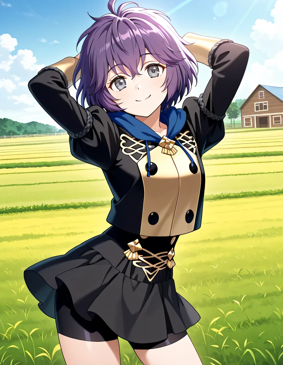 dfbndta, purple hair, messy hair, hair between eyes, grey eyes, black jacket, blue hood, hood down, black buttons, black skirt, shorts under skirt, anime screencap, high quality, solo, farm, sunsetting, grass, hands behind head, ((contrapposto)), closed mouth, cowboy shot, looking at viewer, smile, best quality