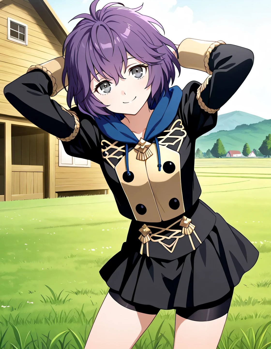 dfbndta, purple hair, messy hair, hair between eyes, grey eyes, black jacket, blue hood, hood down, black buttons, black skirt, shorts under skirt, anime screencap, high quality, solo, farm, sunsetting, grass, hands behind head, ((contrapposto)), closed mouth, cowboy shot, looking at viewer, smile, best quality