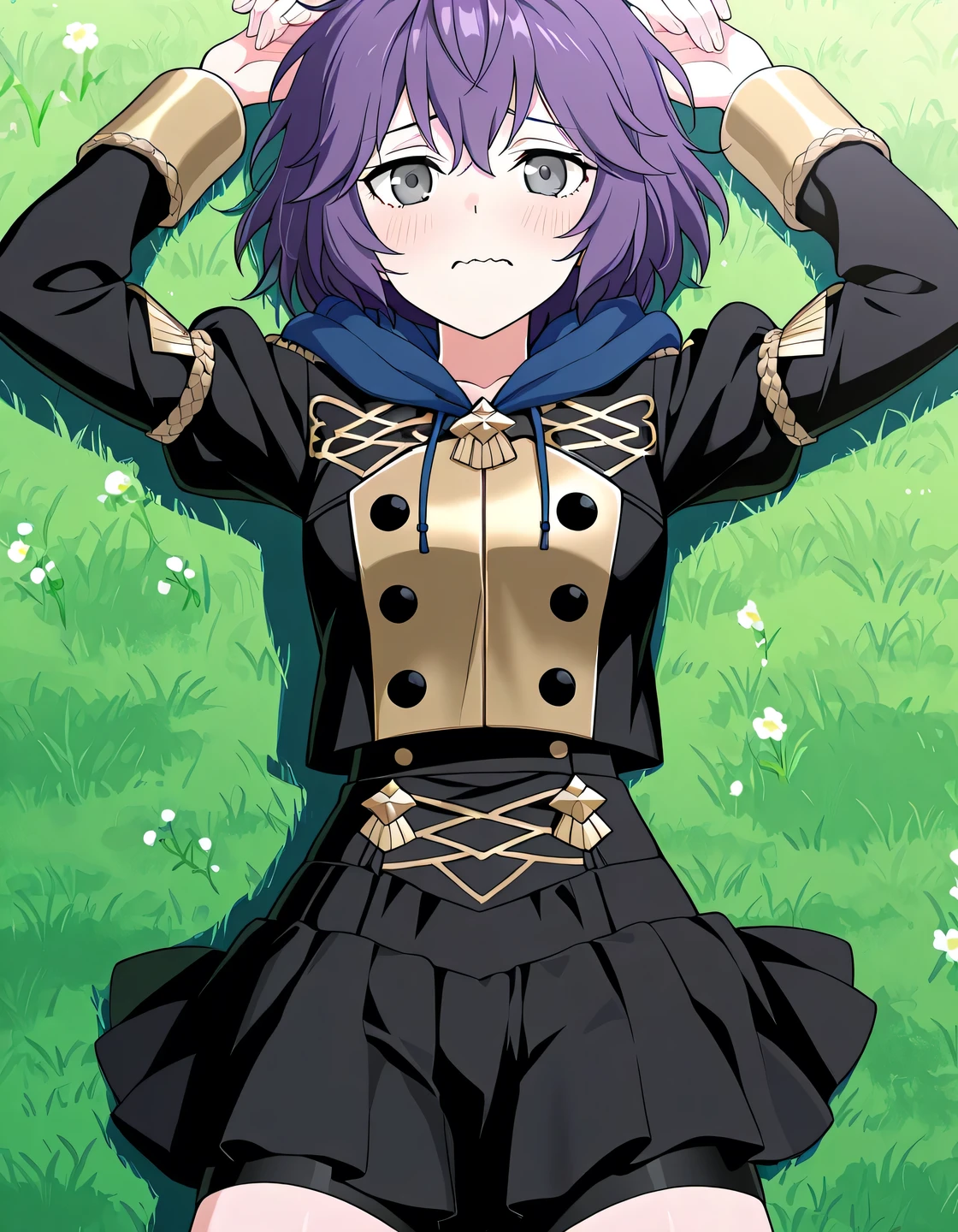 dfbndta, purple hair, messy hair, hair between eyes, grey eyes, black jacket, blue hood, hood down, black buttons, black skirt, shorts under skirt, anime screencap, high quality, solo, lying, on back, from above, arms up, legs apart, closed mouth, on grass, cowboy shot, looking at viewer, wavy mouth, shy, best quality