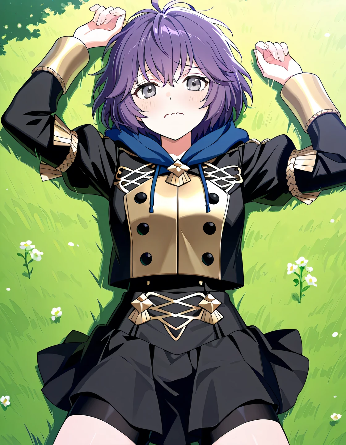 dfbndta, purple hair, messy hair, hair between eyes, grey eyes, black jacket, blue hood, hood down, black buttons, black skirt, shorts under skirt, anime screencap, high quality, solo, lying, on back, from above, arms up, legs apart, closed mouth, on grass, cowboy shot, looking at viewer, wavy mouth, shy, best quality