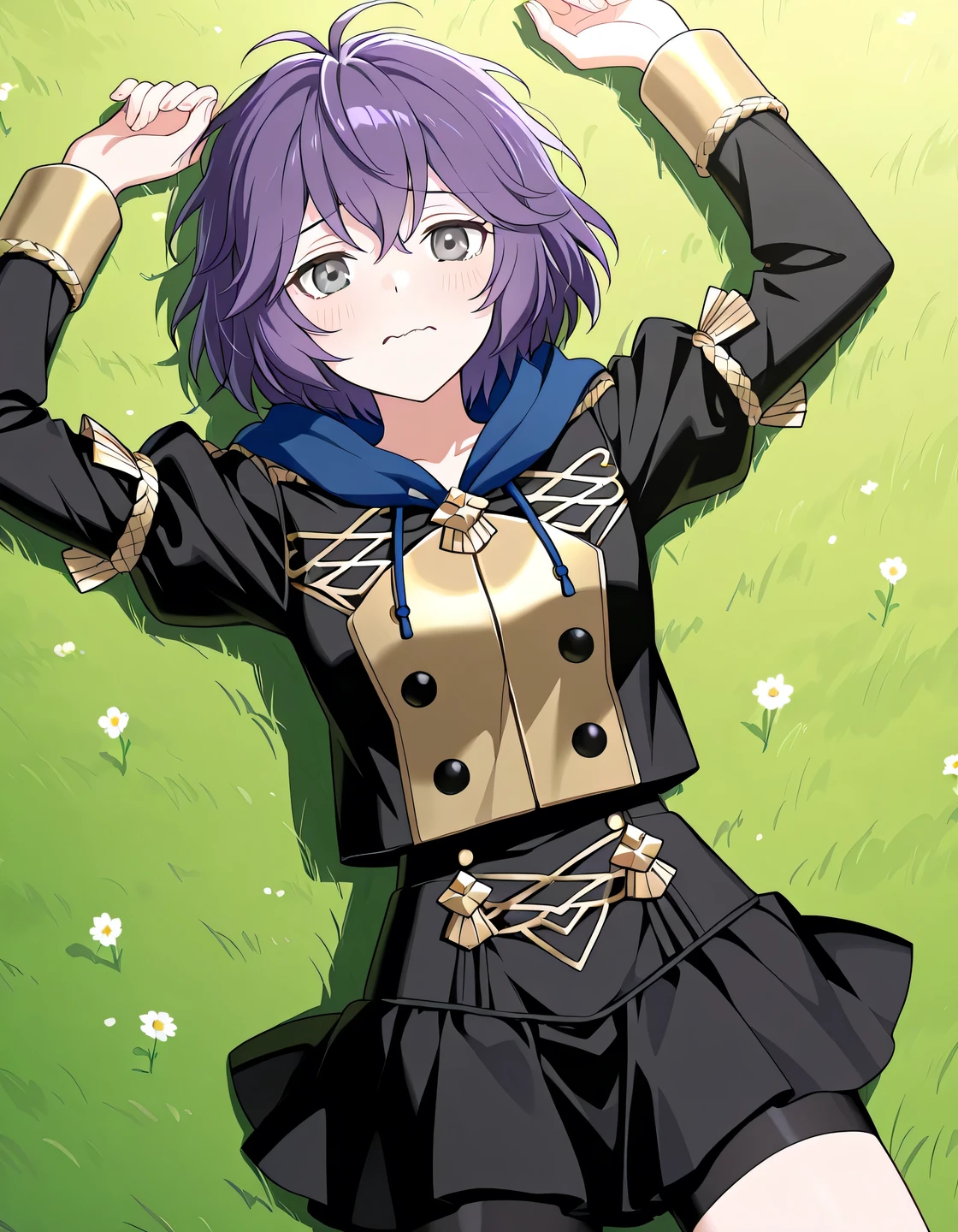 dfbndta, purple hair, messy hair, hair between eyes, grey eyes, black jacket, blue hood, hood down, black buttons, black skirt, shorts under skirt, anime screencap, high quality, solo, lying, on back, from above, arms up, legs apart, closed mouth, on grass, cowboy shot, looking at viewer, wavy mouth, shy, best quality