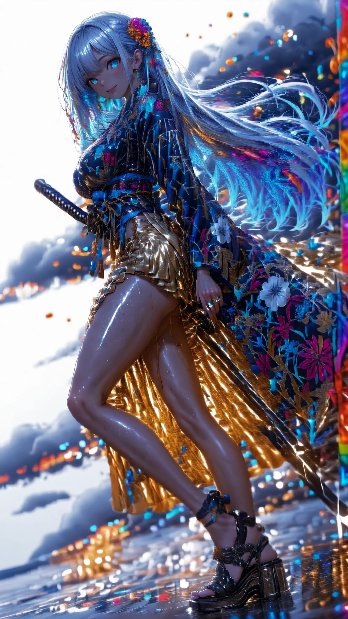 32K、Blockbuster、Ultra Fine、super high image quality、ultra high definition、maximum resolution、Big hit、 beautiful  face、shiny skin、shiny skin、smile、favorite face、Japanese idol's face、1girl、solo、amazing long hair、blue hair、Knee Height、Flower Print、weapons、cloud、Moon and big waves、platform shoes、Blue Reaper、白いKnee Height、Flower、Flowerのプリント、Sole shoes、viewers、lips、dress、blue kimono、white kimono、yellow skirt、キュートなwalk姿勢、 Walking posture 、in Showa Japan（5 fingers）、hair jewelry、full body、all、blurry background、 And staring at the ocean 、 Shining big boobs 、Woman Warrior with a Shining Spear、ring with hand near side angle、dynamic横アングルの女戦士、Palette Exclusive、Soft big boobs 、side angle,dynamic角度で槍を振り下ろす女戦士, ,limited palette,colorful , , (dynamic、motion blur:1.2)、Dramatic Cool Poses、  beautiful   , bright and powerful splasheses of water white background、(white background :1.2)is very cool、blur、（dynamicwalkポーズ、walk、 beautiful 、bright and powerful splashes、How to Walk Like a Woman