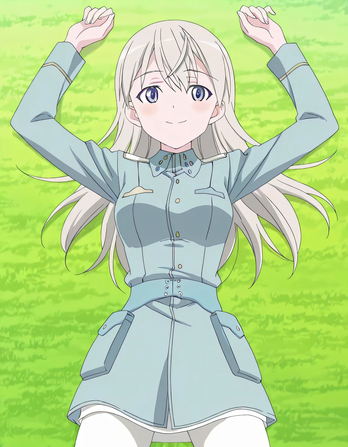 elila, default, 1girl, blue eyes, silver hair, long hair, uniform, military uniform, blue jacket, military jacket, white pantyhose, blue belt, anime screencap, high quality, solo, lying, on back, arms up, , closed mouth, on field, aerial view, cowboy shot, looking at viewer, smile, best quality