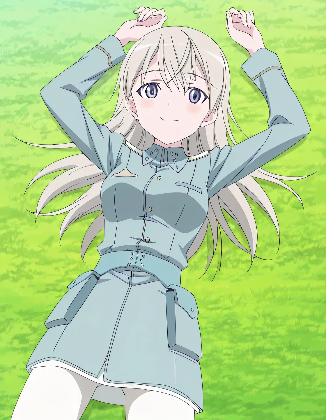 elila, default, 1girl, blue eyes, silver hair, long hair, uniform, military uniform, blue jacket, military jacket, white pantyhose, blue belt, anime screencap, high quality, solo, lying, on back, arms up, , closed mouth, on field, aerial view, cowboy shot, looking at viewer, smile, best quality