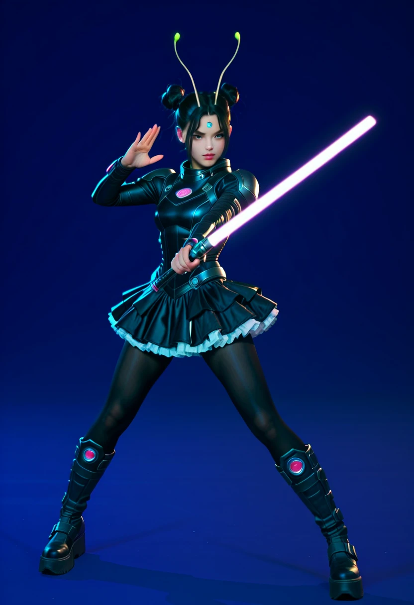 1 girl, sci fi, black clothes, space armor, armor dress, antennae on forehead, platform boots, black hair, space buns, twin hair buns, frilly skirt, black dress, black tights, purple lightsaber, fighting stance, magical girl, full body, no background