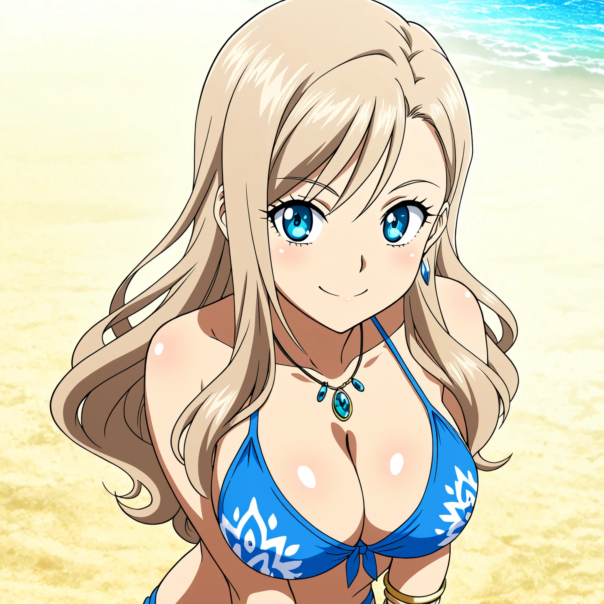 Rebecca Blue Garden, 19, cheerful and energetic, with long, loose silver hair. beautiful bright blue eyes . slender figure and generous . She wears a blue with detailed jaguar print and wears bracelets and a small necklace. she walks along a beautiful paradisiacal beach of white sand and blue sky , Manosa los Lostados, Highly detailed anime art, vibrant lighting, and smooth , glossy skin. happy smile.