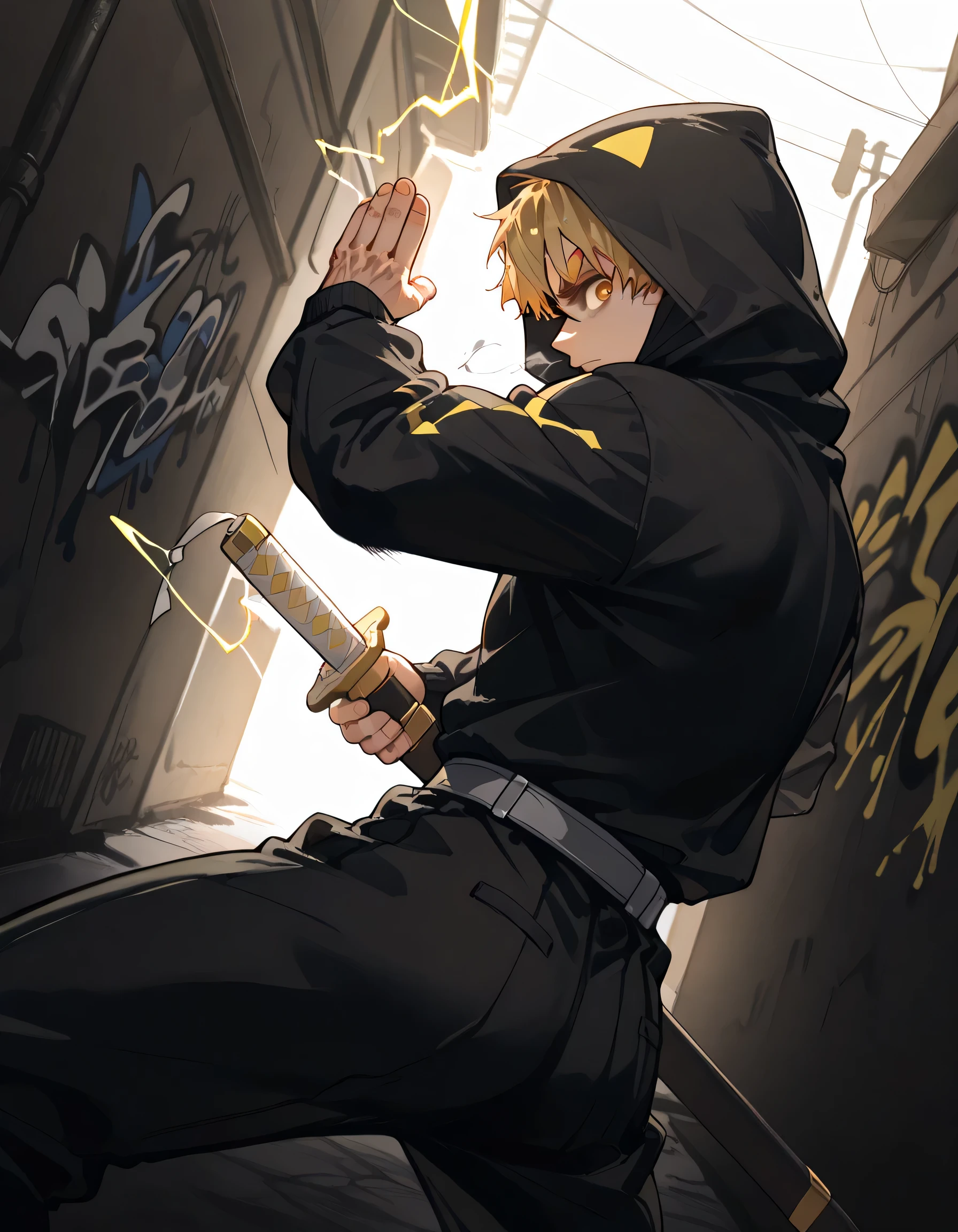 sideview,profile,(dutch angle,dynamic fighting stance, low stance pose),looking at viewer,30years old,adult man,upperbody,muscle:0.3,man's face,male's eyes,(zen1tsuag4tsuma), short hair, blonde hair, yellow eyes, thick eyebrows,adult man face,triangle print, black jacket, long sleeves, black pants,Black hoodie, hood up, back alley, dark place, cool impression, dark person, graffiti art,sword in a scabbard、ready、 mid-waist、battoujutsu、The effect of putting lightning on the body、electric Lightning spark waves+,motion blur,