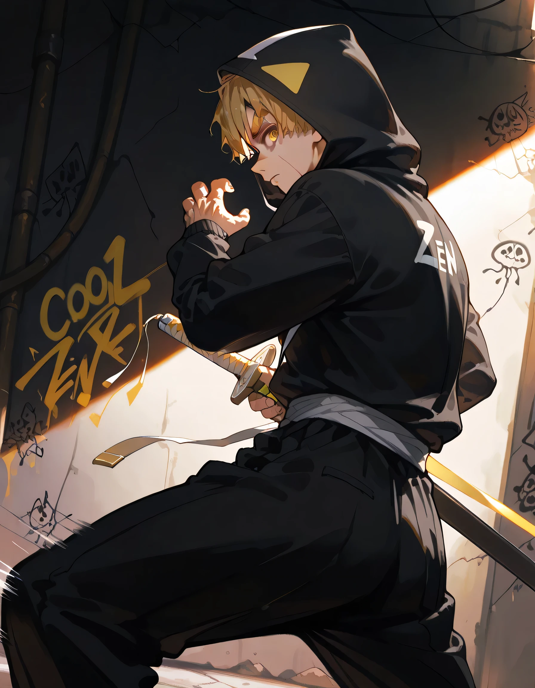sideview,profile,(dutch angle,dynamic fighting stance, low stance pose),looking at viewer,30years old,adult man,upperbody,muscle:0.3,man's face,male's eyes,(zen1tsuag4tsuma), short hair, blonde hair, yellow eyes, thick eyebrows,adult man face,triangle print, black jacket, long sleeves, black pants,Black hoodie, hood up, back alley, dark place, cool impression, dark person, graffiti art,sword in a scabbard、ready、 mid-waist、battoujutsu、The effect of putting lightning on the body、electric Lightning spark waves+,motion blur,
