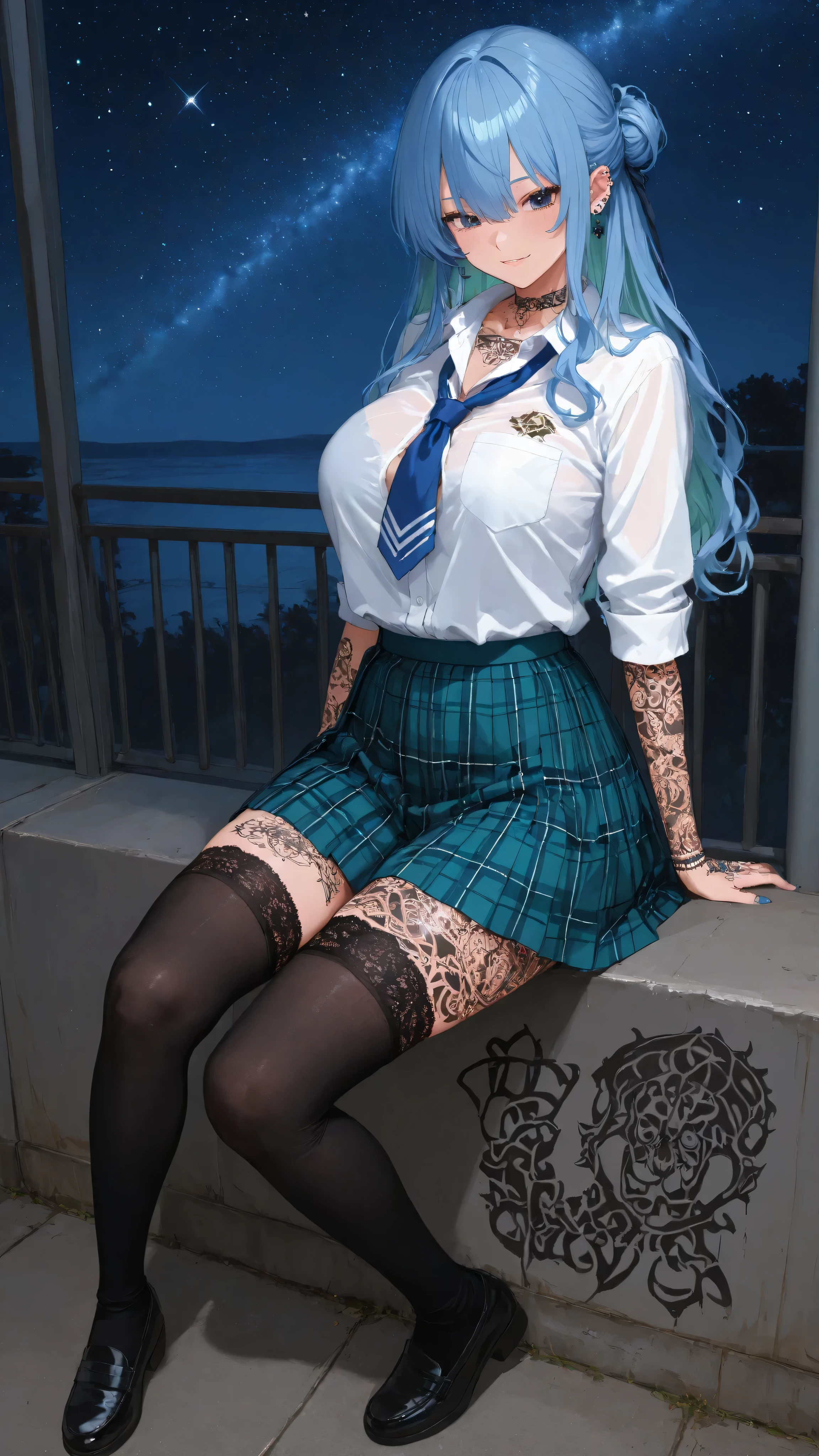 Hoshimachi suisei 、beautiful、lots of piercings、big boobs、Bitch,Many Tattoos,tattoo、starry sky、knee-high socks, white with lace trim, paired with a school uniform、Full Body
