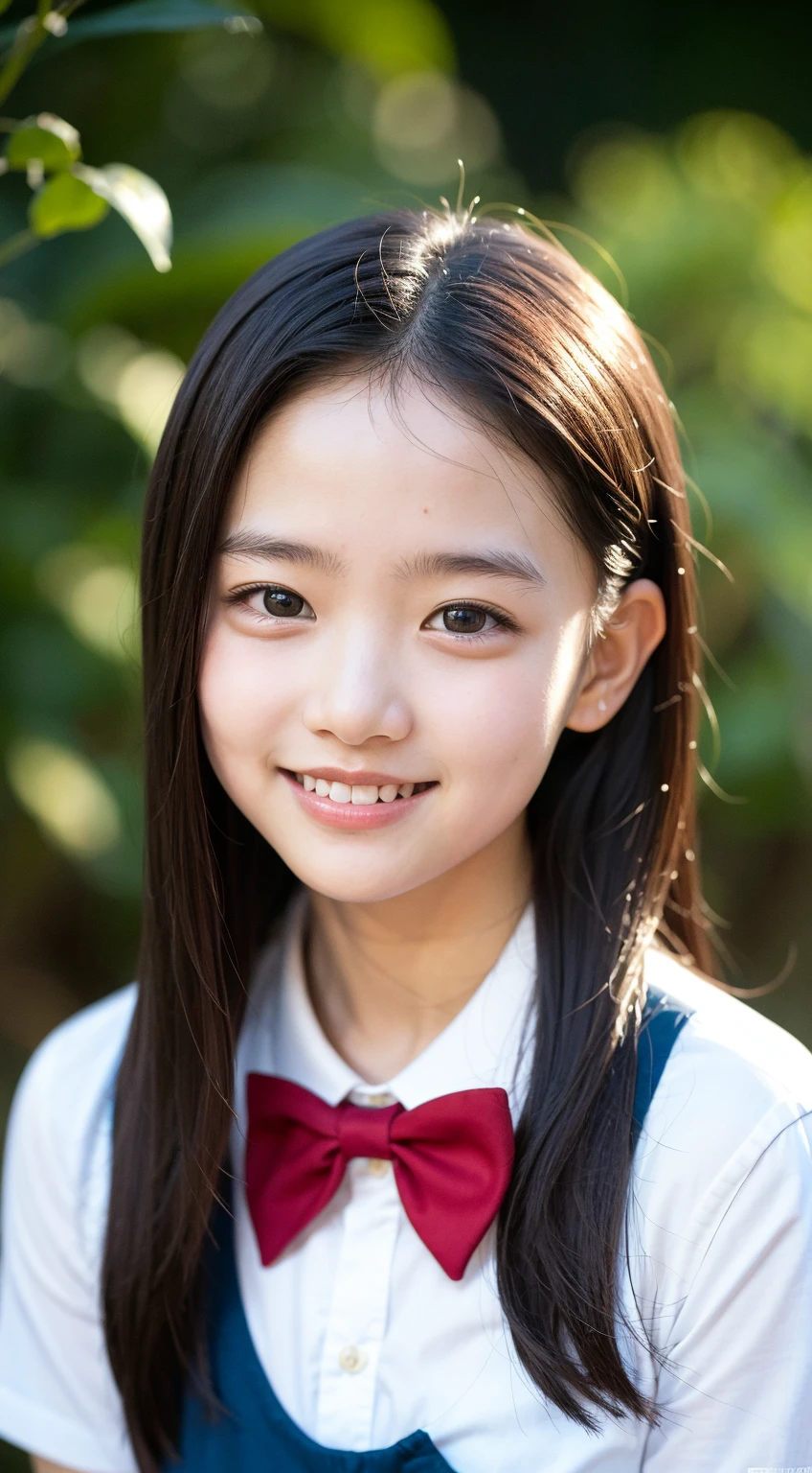 masterpiece, highest quality, 8K, 17 years old, japanese girl, Raw photo, confused, award winning portrait, smile, smile, alone, , (school uniform:1.2), idol face, viola lace, gardenia, delicate girl, long black hair, black eye, Upper body, Digital single-lens reflex camera, looking at the viewer, Frank, Sophisticated, like々new, thin arms, professional lighting, film grain, chromatic aberration, (Eye and face details: 1.0), 