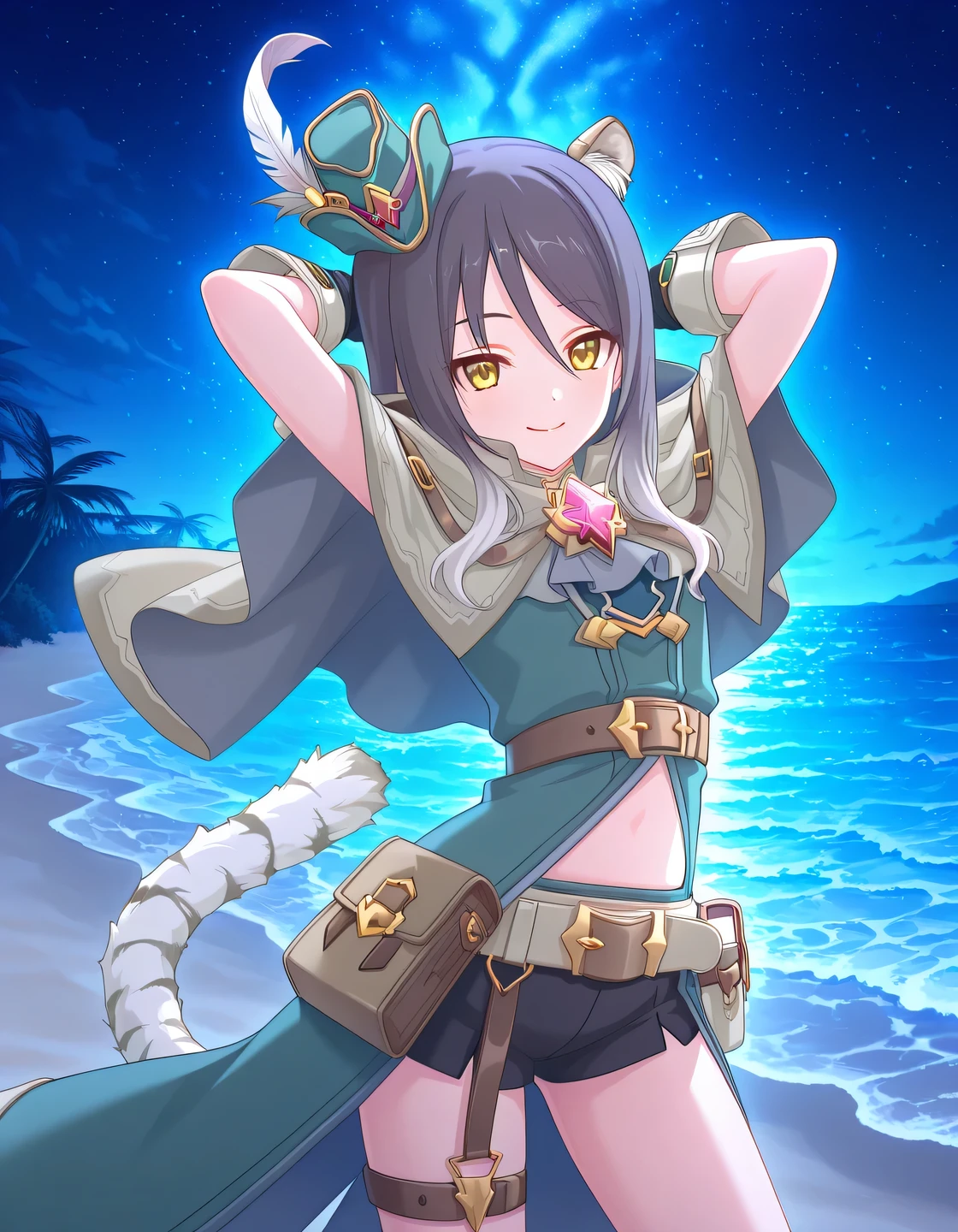 pcrshio, animal ears, animal ear fluff, black hair, gradient hair, yellow eyes, tiger tail, striped tail, pshioran, mini hat, hat feather, grey capelet, two-sided capelet, green coat, chest belt, midriff, black gloves, belt, pouch, black shorts, short shorts, thigh belt, single garter strap, anime screencap, high quality, solo, night sky, beach, hands behind head, ((contrapposto)), closed mouth, cowboy shot, looking at viewer, smile, best quality