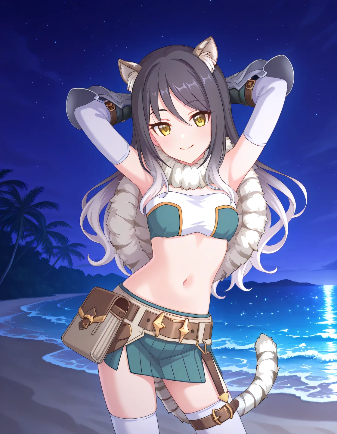 pcrshio, animal ears, animal ear fluff, black hair, gradient hair, yellow eyes, tiger tail, striped tail, pshiodef, fur-trimmed capelet, bare shoulders, two-tone bandeau, midriff, brown belt, green skirt, pleated skirt, pencil skirt, miniskirt, elbow gloves, vambraces, white thighhighs, thigh belt, anime coloring, high quality, solo, night sky, beach, hands behind head, ((contrapposto)), closed mouth, cowboy shot, looking at viewer, smile, best quality
