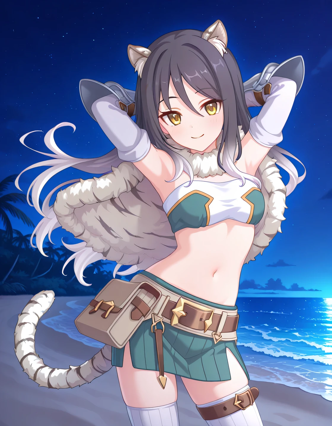 pcrshio, animal ears, animal ear fluff, black hair, gradient hair, yellow eyes, tiger tail, striped tail, pshiodef, fur-trimmed capelet, bare shoulders, two-tone bandeau, midriff, brown belt, green skirt, pleated skirt, pencil skirt, miniskirt, elbow gloves, vambraces, white thighhighs, thigh belt, anime coloring, high quality, solo, night sky, beach, hands behind head, ((contrapposto)), closed mouth, cowboy shot, looking at viewer, smile, best quality
