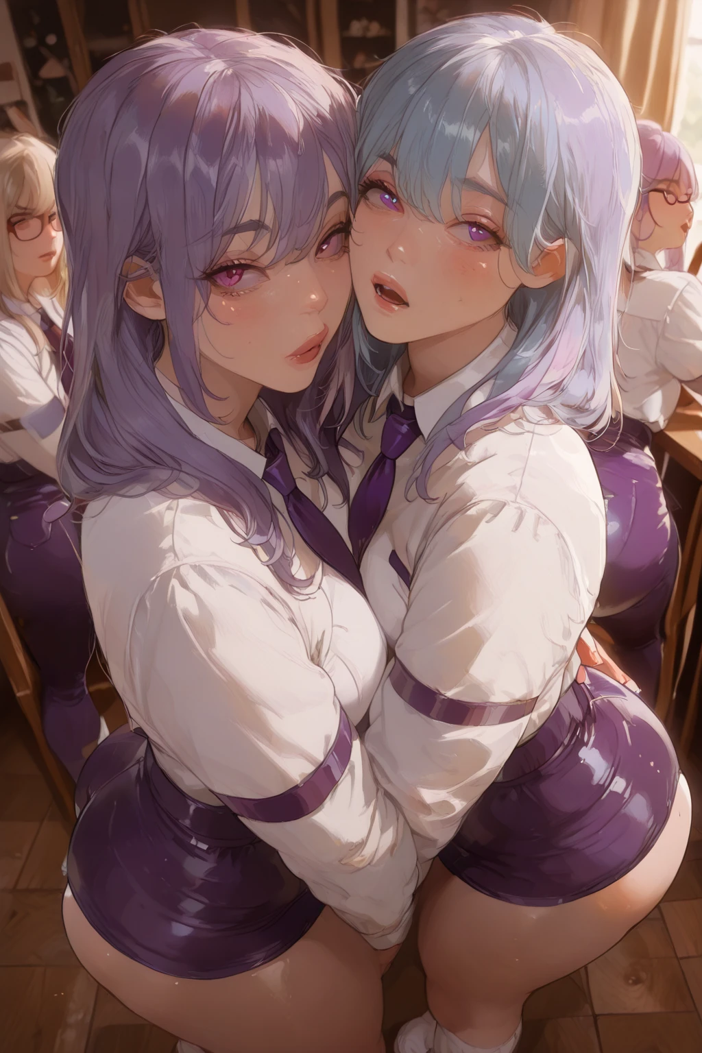 super big boobs,big areolas,slender,slim thighs,full nude,2 girls,cute,beautiful,white skin,light blue hair,pink hair,2 women,kiss by entangling their tongues,cute,Beautiful girl,closes his eyes,standing in the teacher's house,Women,black pubic hair,thick pubic hair,Head to Knee,twin tails,closes his eyes,Blush,is embarrassing,Totally Naked,nail polish,earrings