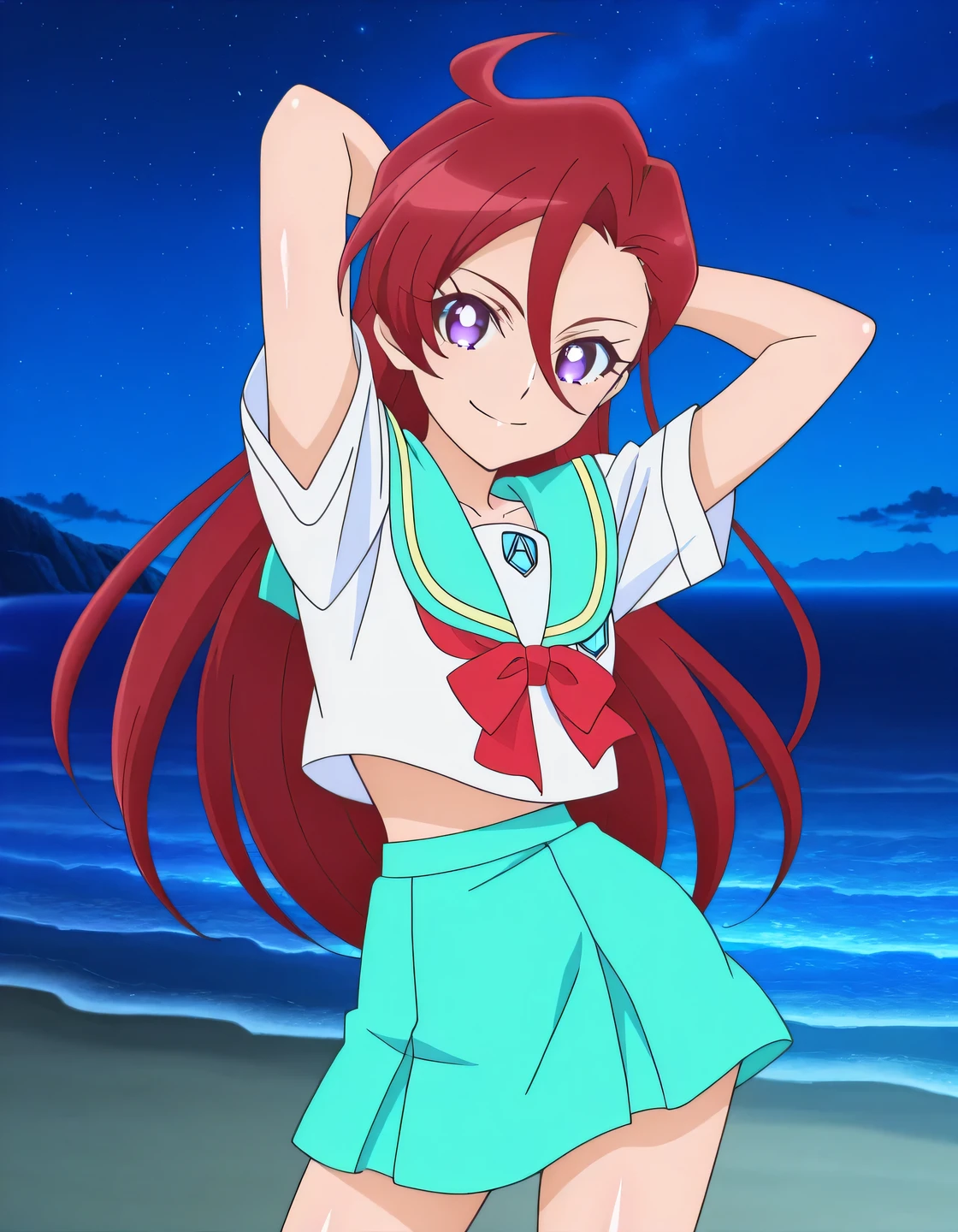 Asuka, red hair, long_hair, ahoge, violet eyes, hair between eyes, ,serafuku, small_breasts, anime screencap, high quality, solo, shiny skin, night sky, beach, arms behind head, (contrapposto), closed mouth, smile, cowboy shot, looking at viewer, best quality