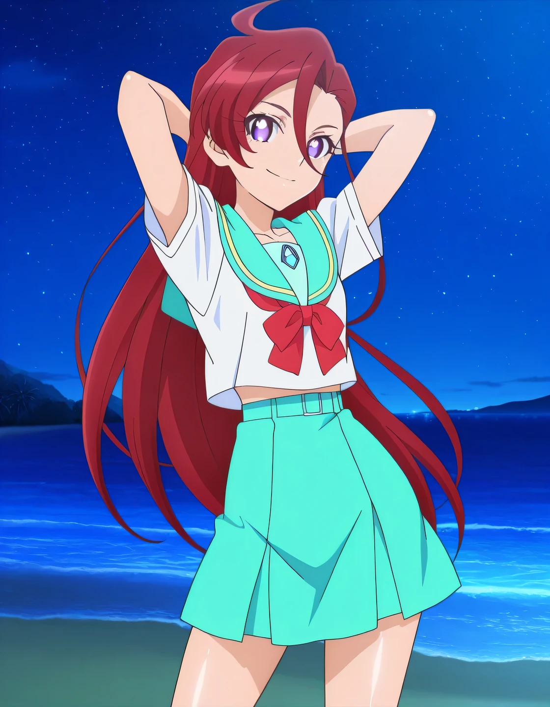 Asuka, red hair, long_hair, ahoge, violet eyes, hair between eyes, ,serafuku, small_breasts, anime screencap, high quality, solo, shiny skin, night sky, beach, arms behind head, (contrapposto), closed mouth, smile, cowboy shot, looking at viewer, best quality