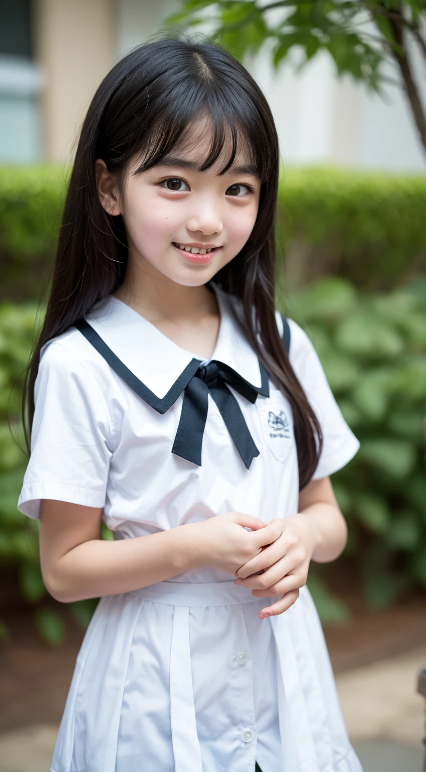 12 year old Asian schoolgirl girl in uniform with short skirt and white knee-high stockings