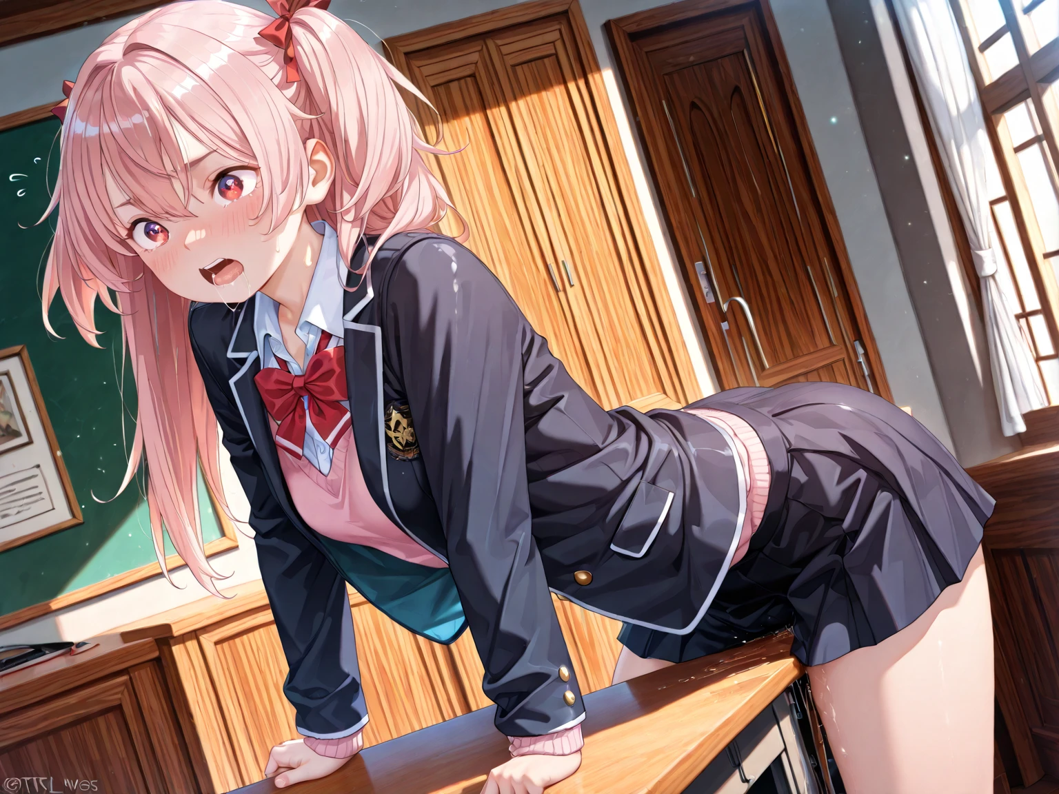  girl ),Girl  with pink hair, long twintail hairstyle, ((small bushy eyebrows)), wearing gothic lolita clothing, lolicon , walking to school, flirty smile,, walking to school, bored look, bored face,, (sitting with  lifting her skirt to show her  wet with ), (1 boy  with the girl, scaried young boy)  boy about to have  , boy ready to penetrate her 
boy about to penetrate her,
