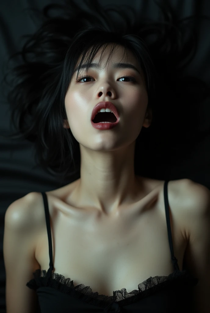 , ((Realistic lighting、top-quality、8K、​masterpiece:1.3))、20 years old, Clear focus:1.2、1girl in、Perfect beauty:1.4、Slim abs:1.1、Super fine face、Slim Face, close up, Colossal tits:1.4,,,  ,  Dynamic Pose, Facing up, Bedroom, Shiny skin, ((Very sweaty body and face and hair)), ,  Very thin stockings,  Luxury Black Choker,  (((Open your mouth full, stick out a wide tongue, show the throat))), Drooling from the tongue,  White liquid on the lips,   Gorgeous  silver piercings,  white-pink ,(((((shed full tears very much)))))