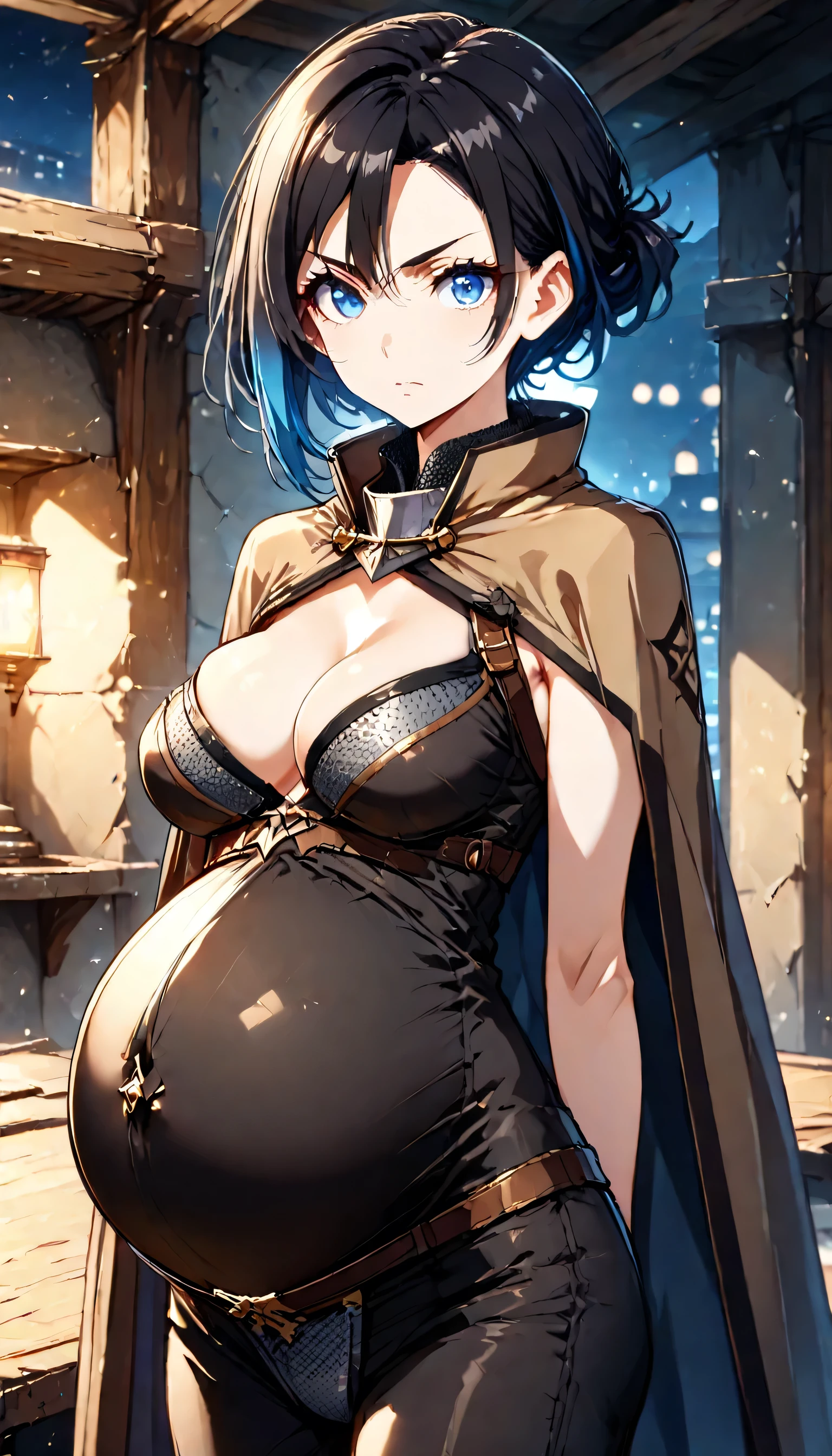 High Resolution, Best Quality, Super Detailed, Masterpiece, 4K, barracks interior, night, 1girl, black hair, short hair, raised hair, asymmetrical hair, blue tips, blue eyes, flat-medium breasts, pregnant, tall body, adult body, brown cloak with black trim, topless, chainmail bikini, sleeveless, armored thong, black leggings, looking at viewer, head turned towards viewer, determined expression, standing, one black sword, cleavage, close up