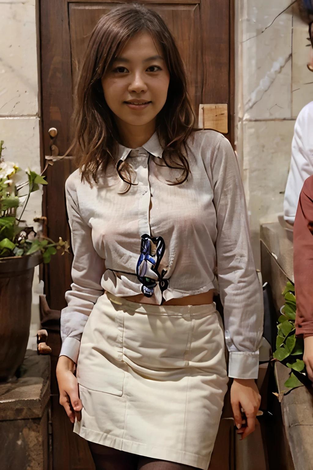 one Japanese woman, 23 years old, slender body, small breasts, very thin waist, office-lady, business cloth, white shirt , collared shirt, covered nipples, pencil skirt, black stocking, standing against the wall, in door, light smile, cool face, whole body, Full Body Photo , detailed face, detailed eyes, thin, fit, cute, portrait photo, Masterpiece, professional photo quality, super high resolution, photogravure , bloom, brightness