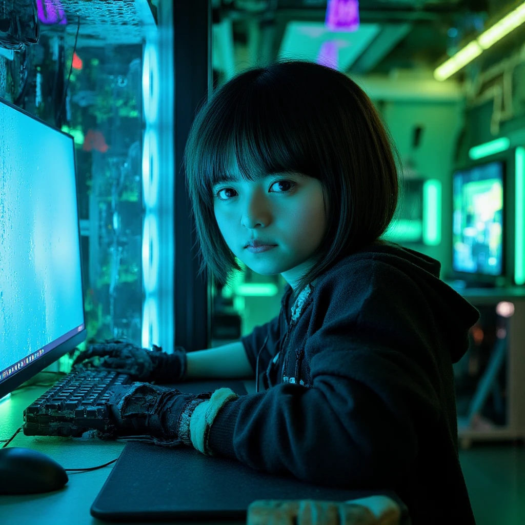 Russian child girl long dark hair straight, put on headphone jack and change into a cyberpunk green coat but do not change the face, gray background. --auto --s2