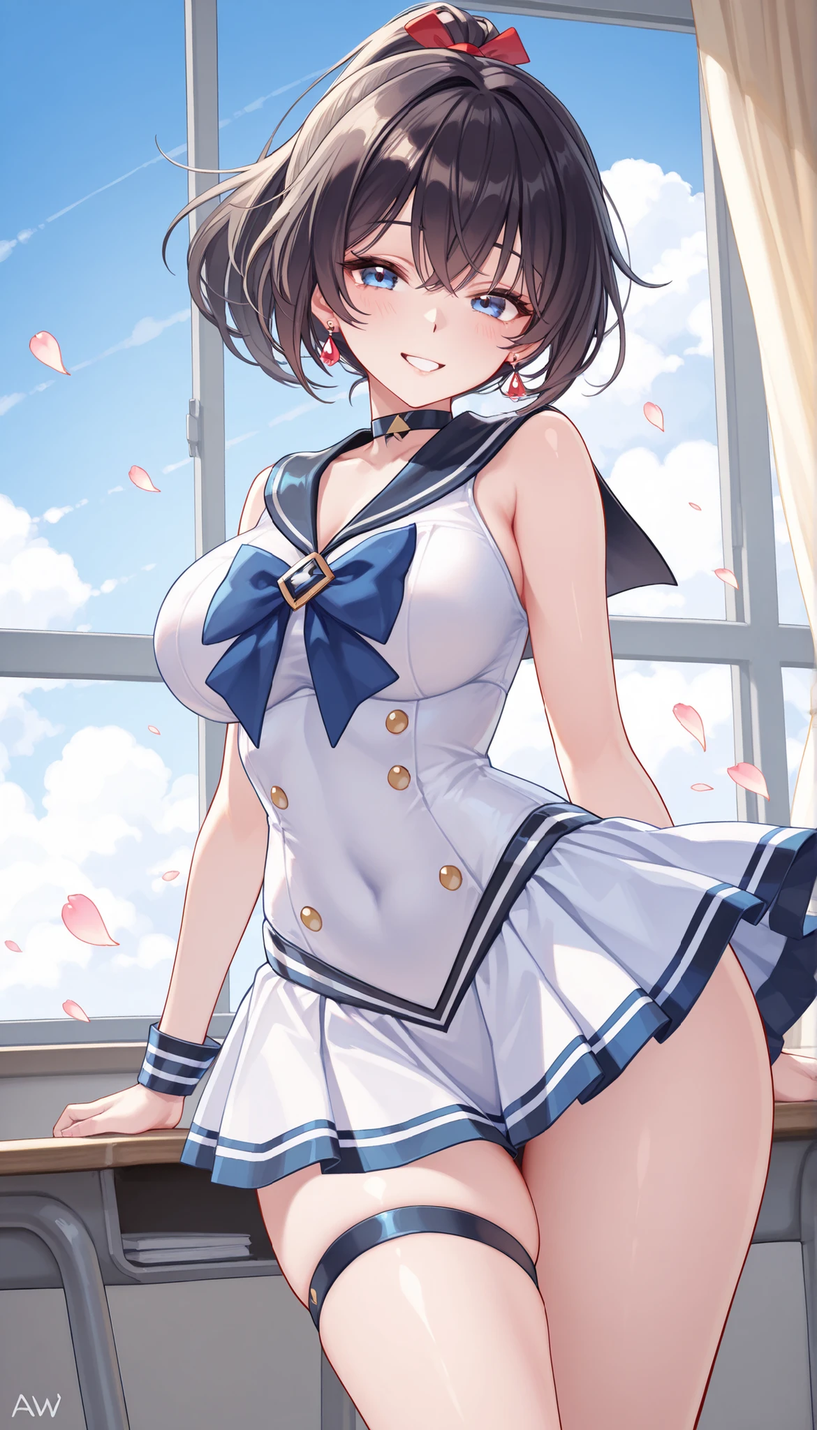 (beautiful girl : 1.3),1 girl,(ARW),(summer sailor suit,between products,earrings),Dark Haired,ponytail from the front,Smile Yang,CLASSROOM,Blue Sky,cloud,curtain swaying in the wind,Flapping Petals,Inner Dress,masterpiece,Highest Quality,rich contrast,high image quality,8k,High Definition CG Unit Wallpaper,texture,ridiculously absurd,Raw Photos,Deep Boundaries 1 .2,very detailed