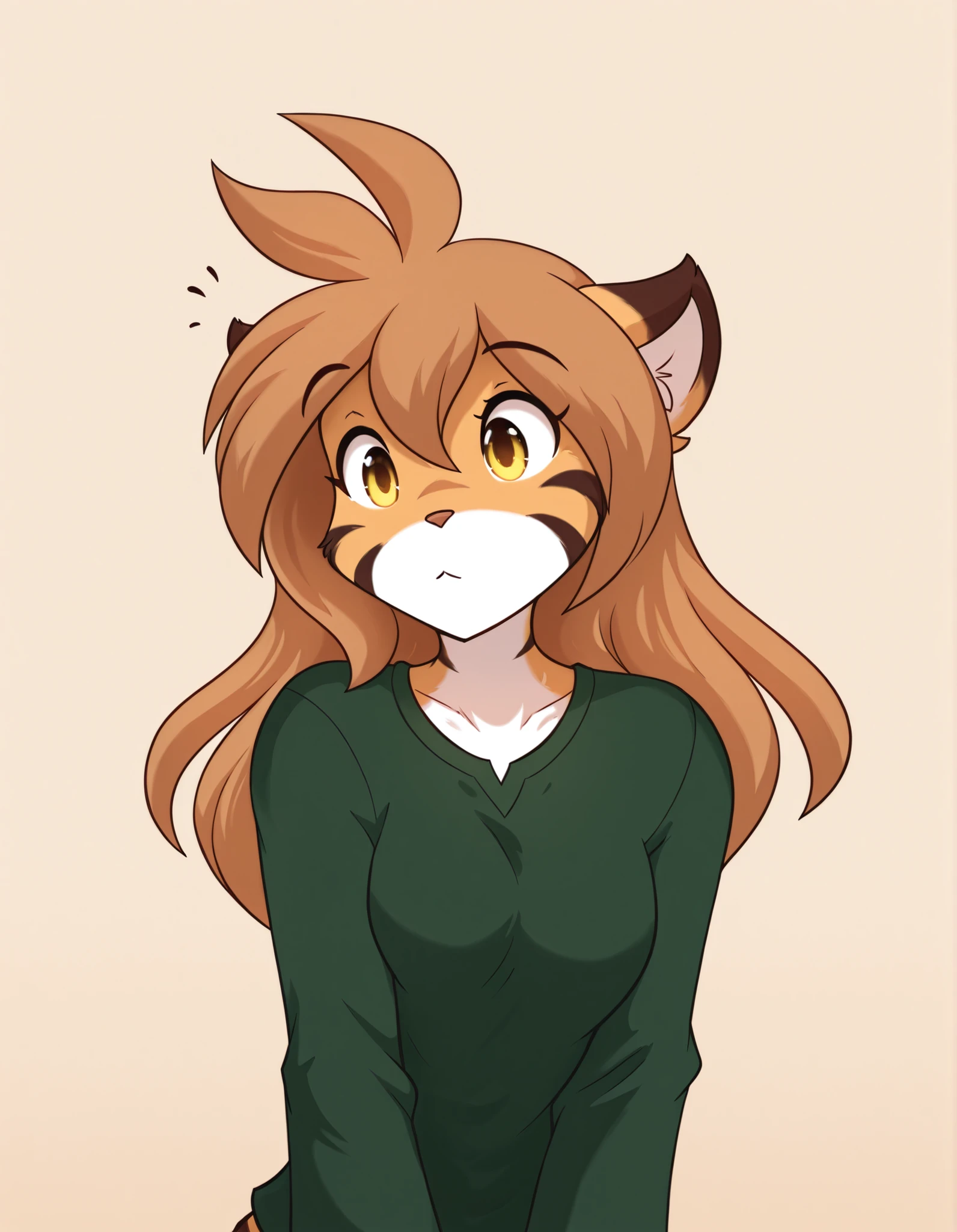 pearlykf, pokemon (creature),, furry, solo, flora-twokinds, flora_twokinds,, tiger, striped fur, keidran, yellow eyes, anthro, simple background,,, green shirt