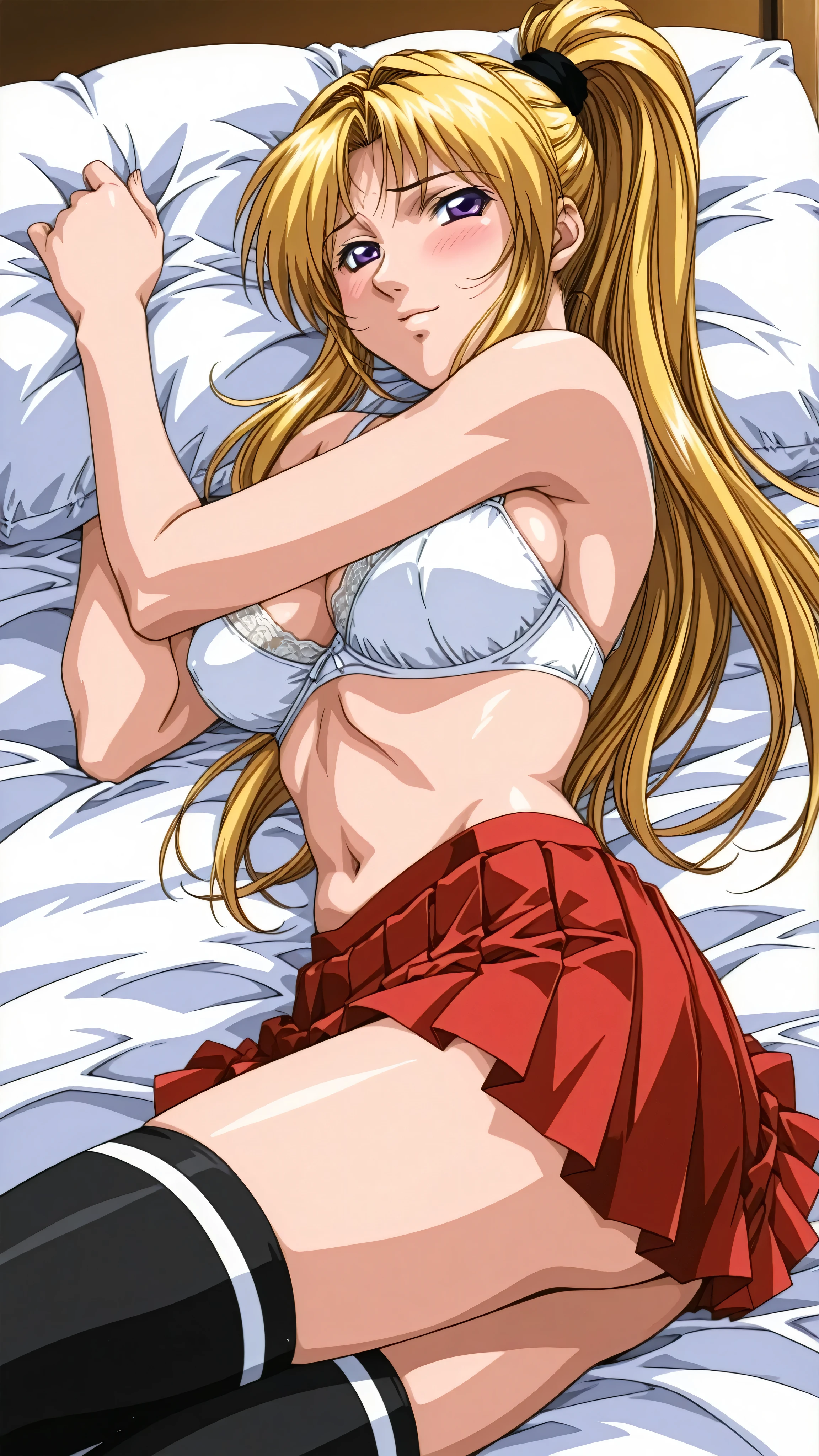 retro_artstyle,score_9, score_8_up, score_7_up, score_6_up, score_5_up, score_4_up, (masterpiece:1.3), best quality,source_anime,clip skip:2,light smile,(28 years old:1.4),from side,(mature female:1.3),成熟した大人の女性, (vivid color:1.3),slender face,high school students,alone,saeki,1girl,blonde hair,ponytail,purple eyes,, white bra,,pleated skirt, (red skirt ),(black thigh-length socks:1.2), cowboy shot,white line socks,bed,on back,tsurime,,large breasts,embarrassed,blush,navel,