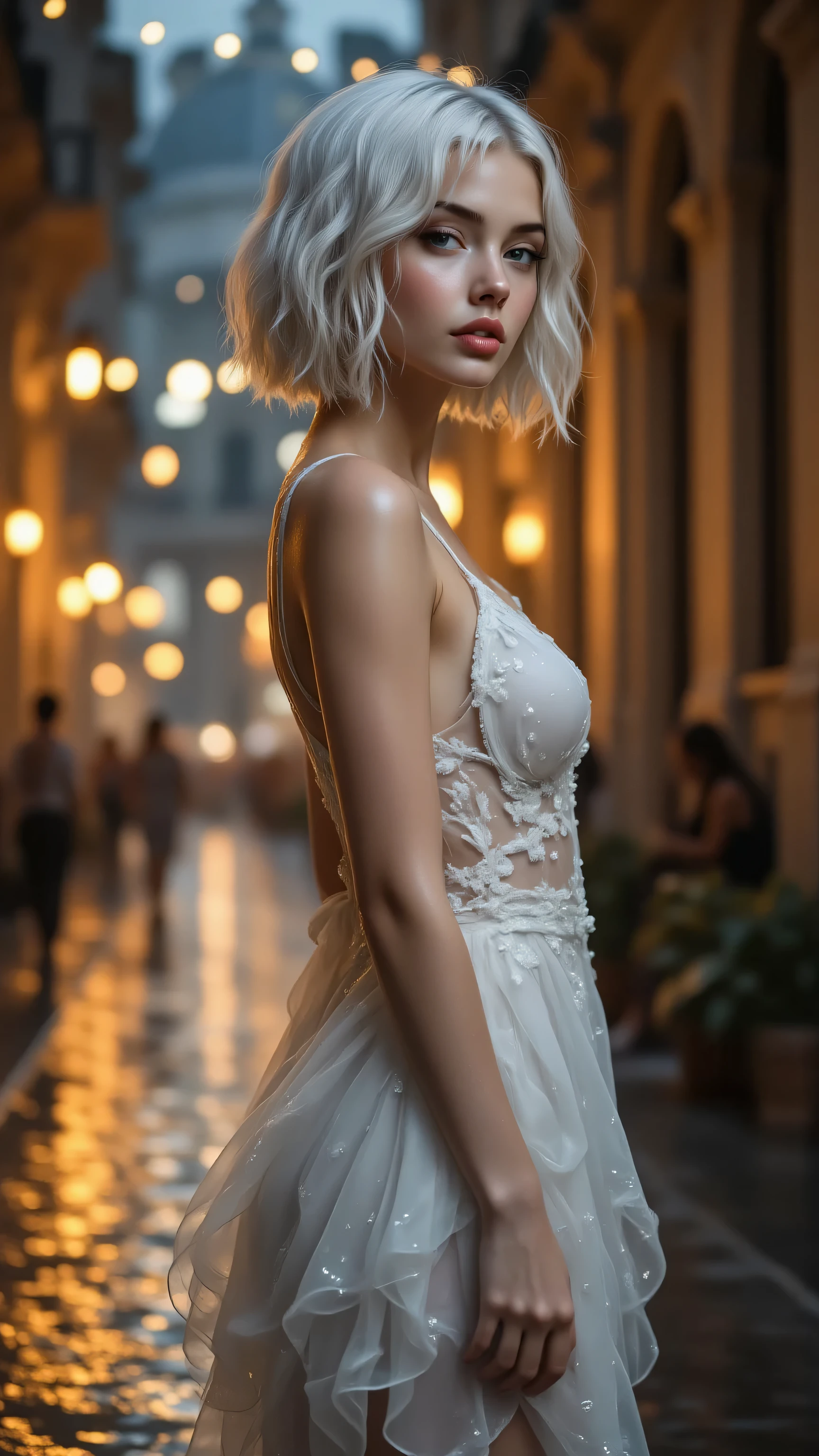 CTAI,Ceramic,(masterpiece, ultra-detailed, photorealistic, cinematic night photography), Sally, standard template, short silver-white fluffy bob hair, cold elegant realistic face, balanced natural eye proportions, porcelain smooth glowing skin with rain droplets, wearing a white semi-transparent chiffon dress, wet and clinging to her body, fabric slightly sheer from the rain, delicate texture, full-body portrait, standing on a Roman cobblestone street at night, side pose turning head toward the camera, calm yet intense expression, hair wet and sticking to her cheeks, water dripping from strands, sharp focus on Sally, detailed face and body, background: ancient Roman street with cobblestone pavement shining from rain, warm yellow street lamps reflected on wet ground, arches and historic stone buildings, cinematic European night atmosphere, depth of field with slightly blurred background, rule of thirds composition, desktop wallpaper, 1920x1080, 16:9 aspect ratio, -- negative prompt: blurry subject, doll, mannequin, BJD, childish body, oversized eyes, blurry, distorted, cartoon, anime style, painting, low quality, text, watermark, oversaturated