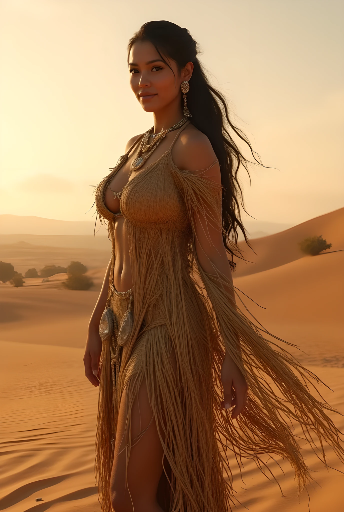 Primitive age era, (prehistoric age era:1.6), ((Realistic cinematography ultra wide angle depth intense details of realistically stunning savana desert landscape scenery)),focusing on a happy aboriginal female stand gracefully pose,,an ultra detailed heat scenery,,(every features are depicted clearly),(realistically and intricately depicting scenery),((prehistoric age)),,(primitive long straw fabric cloak fully enveloping body gown),,(perfectly depth symmetrically precisely full busty body shaped),(cinematic dynamically camera widely angle scenery:accurately depicted:1.3),the lively prehistoric cradle of historcal depicting scenery,afternoon,realistically full depth,summer season,(cinematography dynamic angle|hyperrealistic:realistic scenery:3d texture over the scenery),best videography angle,hdr,, (cinematography vibe),primitive folk fabric wardrobe,(dynamic image composition),(octane 3d rendering|50mm lens shot:1.3),(precise lifelike skin texture:lifelike hairs:realism),(best rule of third photography composition),(best image aperture),(full details depth of field),(best shutter speed),(RAW photo image),(photorealistic|photorealism:hyperrealism style),(realistic depth 3d:cgi:1.3),(trending on cgsociety:devianart:unreal engine 5),,(best photography:national Geographic style), bronzePunkAi and sandalPunkAi artwork, digital art,best lighting concept,(realistic intricately fixed truly fully human's anatomy body+hands+and+fingers anatomical),natural motion,inspired by farcry5 game artwork, SFM,