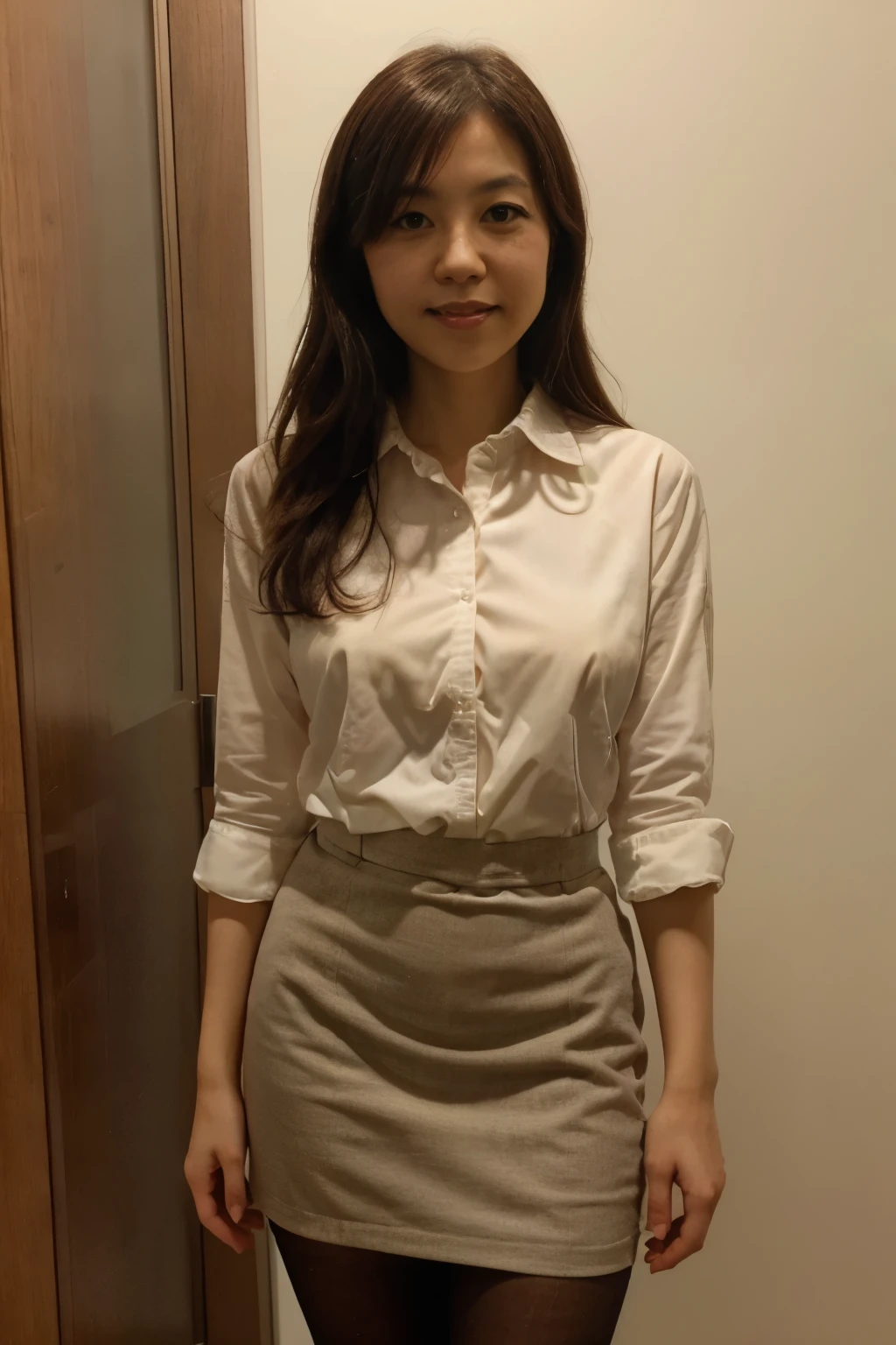 one Japanese woman, 25 years old, slender body, light medium breasts,  very thin waist, office-lady,  business cloth,  white shirt , collared shirt, covered nipples, pencil skirt, black stocking, standing against the simple wall, in door, light smile, flat-shaped face, oblong face, whole body, Full Body Photo , detailed face, detailed eyes, thin, fit, cute, portrait photo,  Masterpiece, professional photo quality, super high resolution, photogravure , bloom, brightness