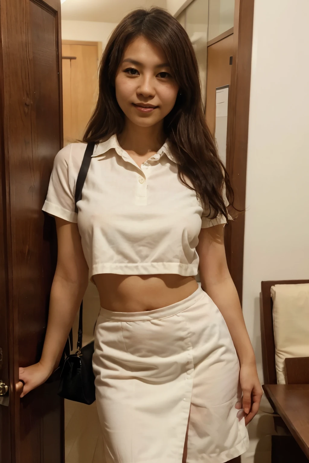 one Japanese woman, 25 years old, slender body, light medium breasts,  very thin waist, office-lady,  business cloth,  white shirt , collared shirt, (covered nipples), pencil skirt, black stocking, standing against the simple wall, in door, light smile, (flat-shaped face, oblong face), whole body, Full Body Photo , detailed face, detailed eyes, thin, fit, cute, portrait photo,  Masterpiece, professional photo quality, super high resolution, photogravure , bloom, brightness