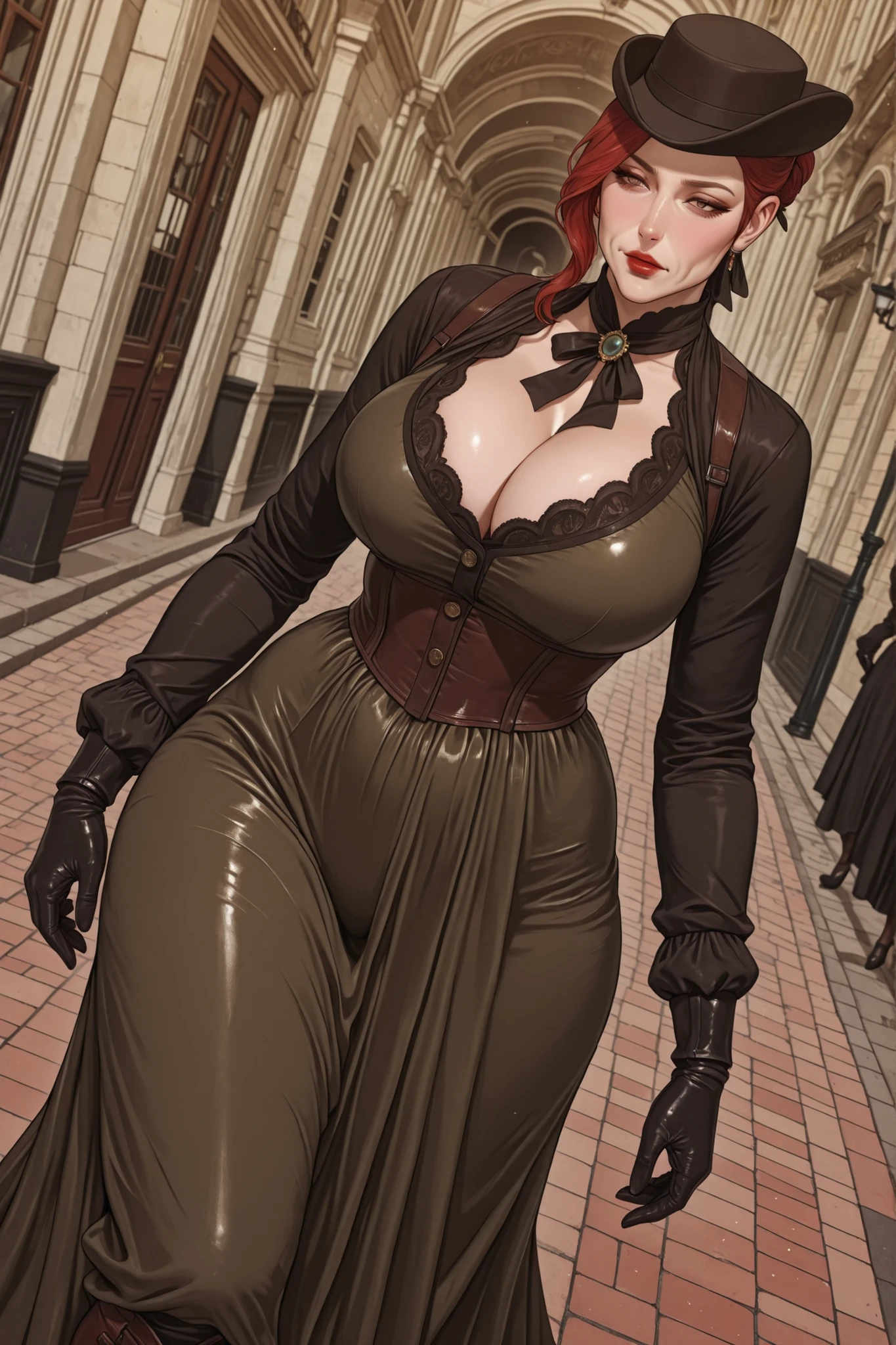 score_9, score_8_up, score_7_up, score_6_up, score_5_up, score_4_up, Label 1, Label2, quality_masterpiece, Anatomically correct, beautiful face, perfect face, Beautiful and highly detailed face, sexy Attractive face , Detailed Face, delicate Facial Features, detailed ,Very detailed & Beautiful and dazzling eyes, huge breasts, wide hips, big butt, thick thighs, mature female, ( colors CMYK ), (ultrahd, 8K), (intricate details), (Absurds), (Very detailed), red hair, ,grandma, grandmother, mature woman over 60 , Ample curves , Wrinkled Face , short hair , victorian dress, victorian era, serious, jewelry, cleavage, woman over 60 years old, red lips, gold jewelry, Victorian French clothing, dynamic pose, dutch angle, victorian era, london street, victorian street background, olive wool dress, victorian fashion, victorian era, high collar with lace trim, long fitted sleeves, plain bodice with buttons, floor-length skirt without train, sturdy leather boots, simple brooch at the throat, modest hat with ribbon, gloves, hair neatly pinned in a bun, respectable, elegant, reserved,