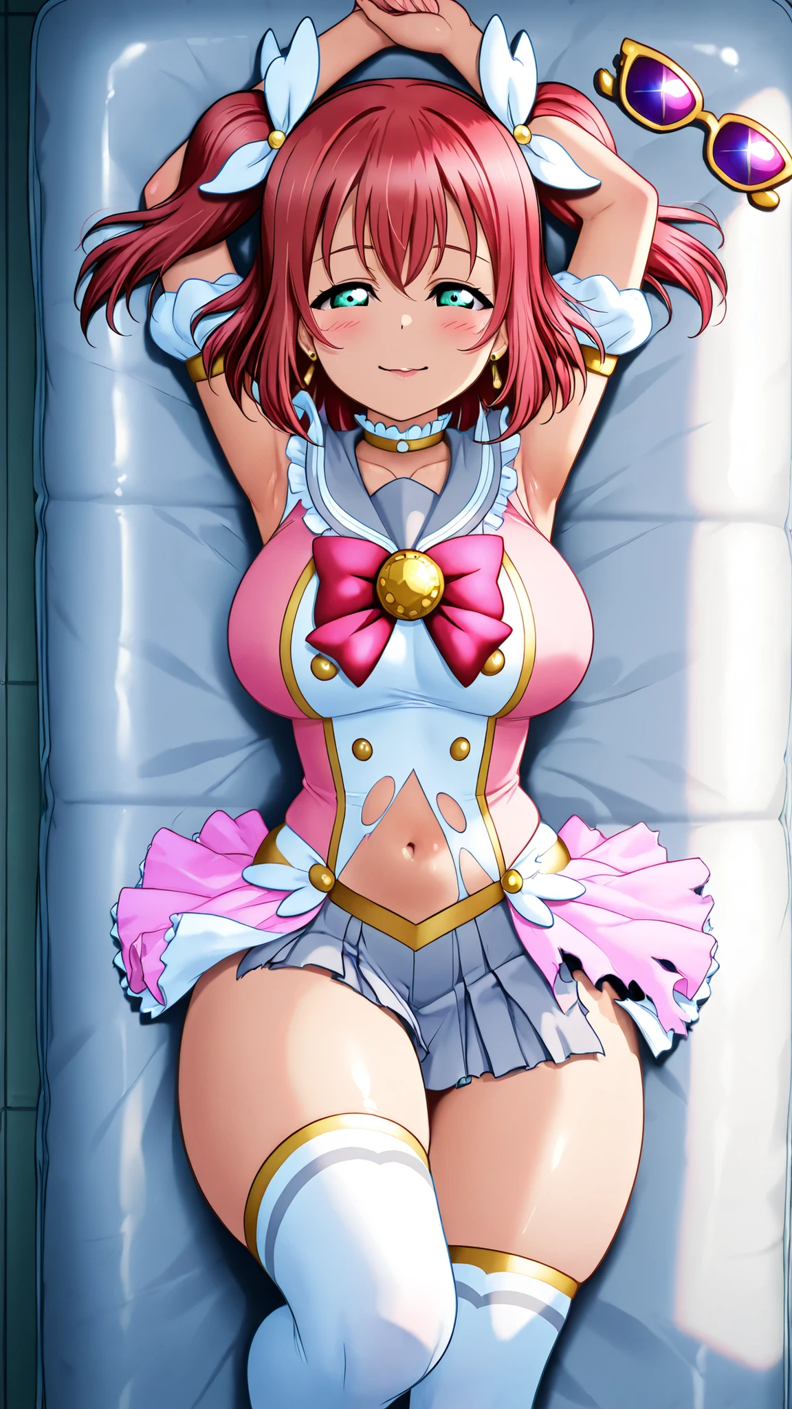 Love live,shiny skin,professional artwork, official artwork, Kurosawa ruby,white and pink costume, magical girl, unworn star glasses, earrings, navel cutout, mini skirt, side slit, thighhighs, curvy body, fembodHQill, big breasts, narrow shoulders, thin arms, midriff peek, deep navel, glossy small lips, natural lighting, lying on mattress, from above view, alluring pose, blushing, half-closed eyes, dreamy expression, relaxed arms, sexual body language, torn clothes, sensual atmosphere,arms up