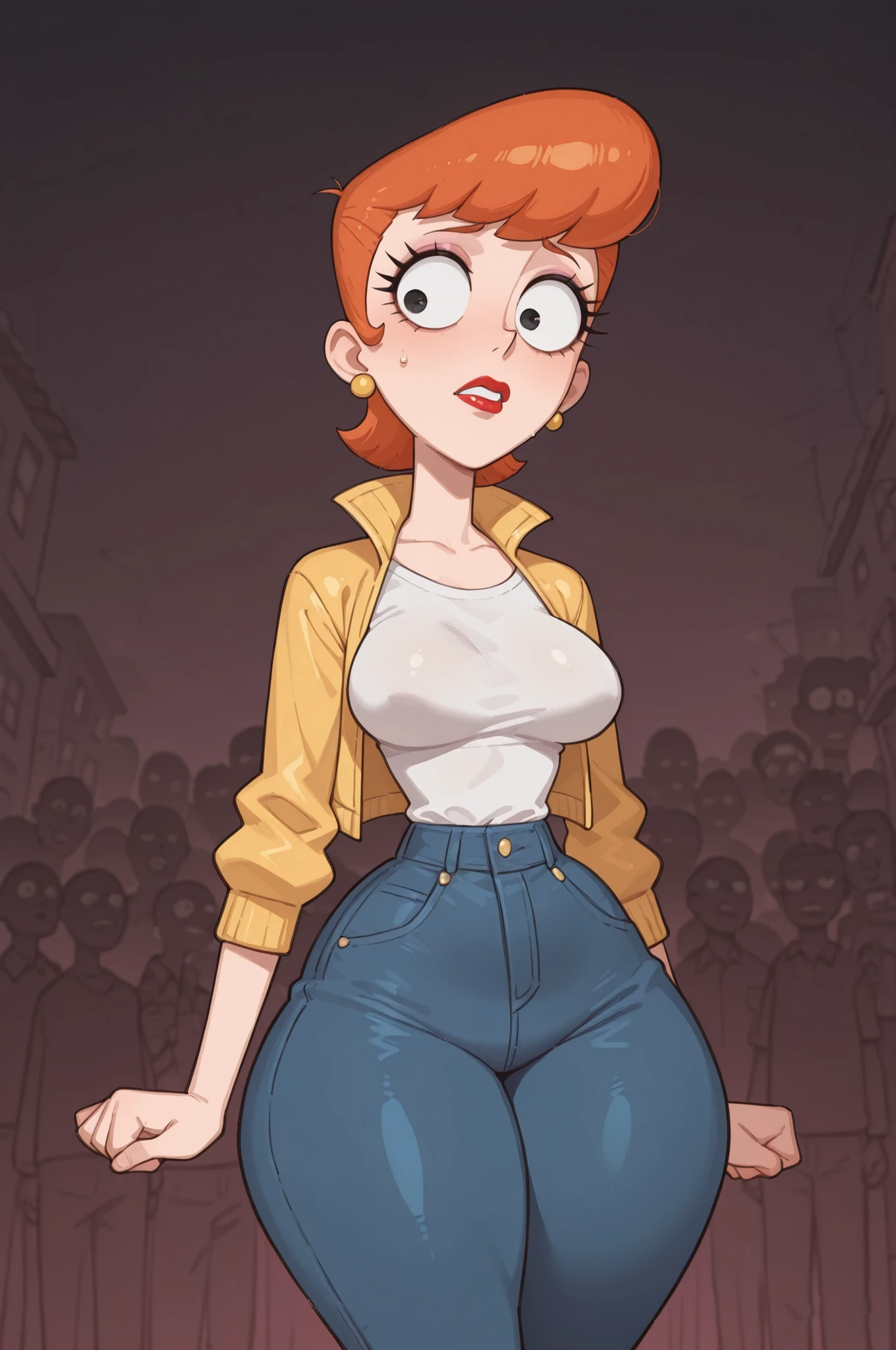 dextersmom, mature female, short hair, slightly curly hair, ginger, black eyes, big eyes, long eyelashes, , rounded , narrow waist, thick thighs, huge , fair skin, thin hands, earrings, makeup, red lips, lipstick.|  At night, spooky, dark street, wary 1girl, jacket, shirt, jeans, Exp_real, worried, dissheveled, a crowd of dark silhouettes in distance, left 4 dead environment,
