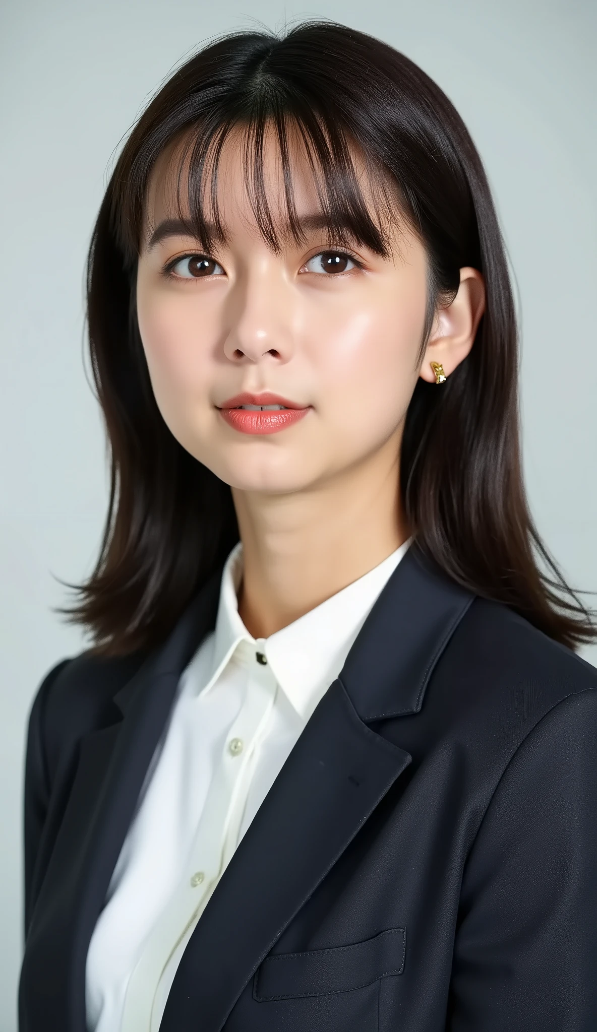 Neat Young Woman、looking at the camera、office lady suit、jacket、shirt、耳にピアス、、無表情、、face close-up、The background is office