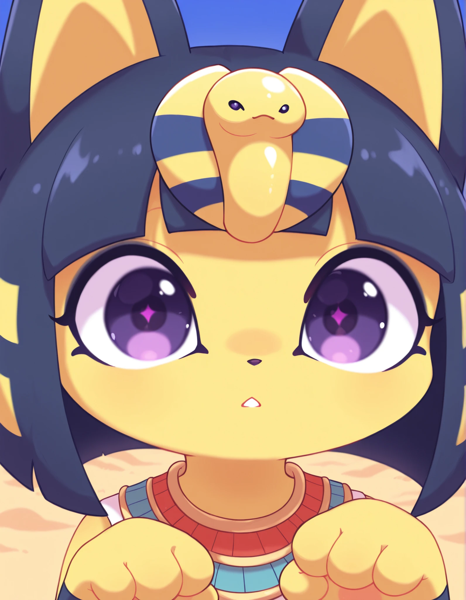 pearlykf, pokemon (creature),, depth of field, 1girl, furry, ankha \(animal crossing\), expressionless, eye reflection, yellow background, yellow theme, blue background, desert,, purple eyes, glowing eyes, wide-eyed, paw pose, looking at viewer, close-up, parted lips,