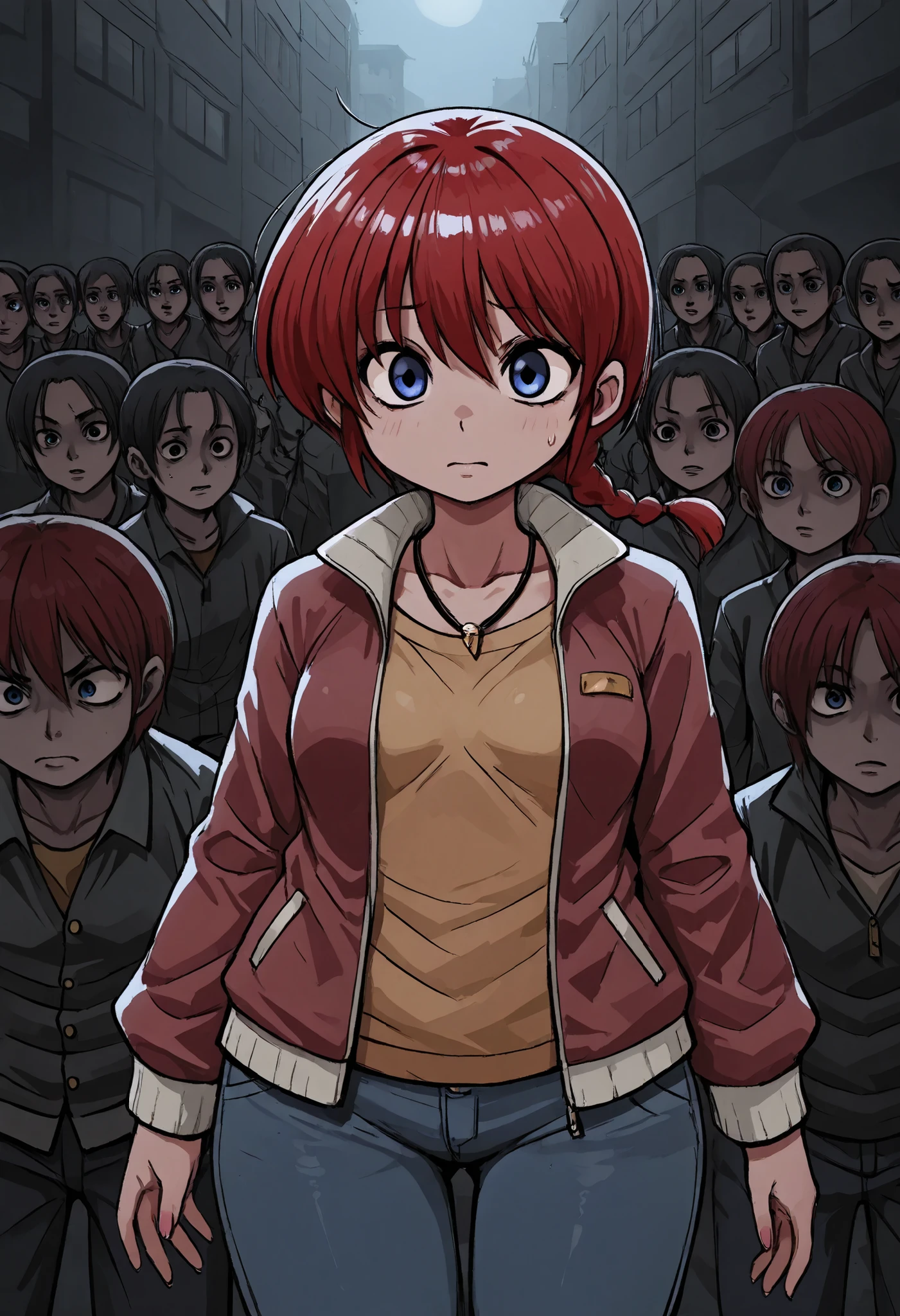 Ranma Saotome. red hair. blue eyes. braid. small breasts. wide hips. necklace. black eyeliner. pink manicure. | At night, spooky, dark street, wary 1girl, jacket, shirt, jeans, Exp_real, worried, dissheveled, a crowd of dark silhouettes in distance, left 4 dead environment,