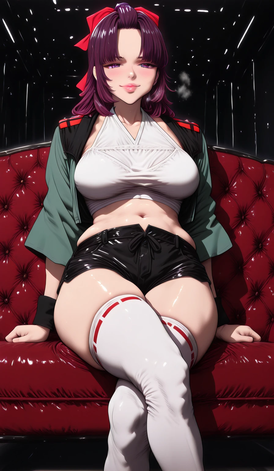 Hgk, (yoshio_(55level)-style:1.2), (imizu_(nitro_unknown)-style:1.4), (packge-style:1.2), (shiroshisu-style:1.2), vignetting, ((anatomical correct)), ((Cinematic, unreal engine, eye-catching, ambient occlusion, UHD, masterpiece)), ((perfect lighting)), perfect body, perfect eyes, perfect fingers, gasping, heavy breathing, gasping profusely, ((skindentation)), ((curvy)), SHIKOKU_(MATO_SEIHEI_NO_SLAVE), purple hair, purple eyes, slit pupils, long hair, hair bow, red bow, parted bangs, ribbon trim, half updo hair, bangs_pinned_back, straight hair, ((medium breasts)), plump, (voluptuous:1.5), (mature female:1.5), lips, 1girl, asticassia_school_uniform, crossed_legs, breasts, thighhighs, solo, shorts, school_uniform, sitting, couch, navel, jacket, white_thighhighs, smug, looking_at_viewer, halterneck, midriff, thighs, short_shorts, green_jacket