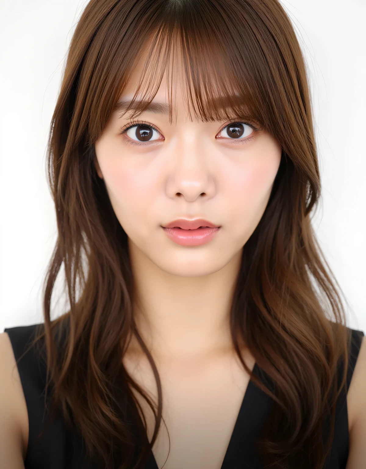 The image is a close-up portrait of a young woman's face, she was wearing a black dress. She had long, straight brown hair with bangs that fell to her shoulders. Her hair was styled in loose waves and fell over her forehead. She was looking directly at the camera and had a serious expression. The background was white. The overall mood of the image was serious and thoughtful. The overall mood of the image was pensive and contemplative.