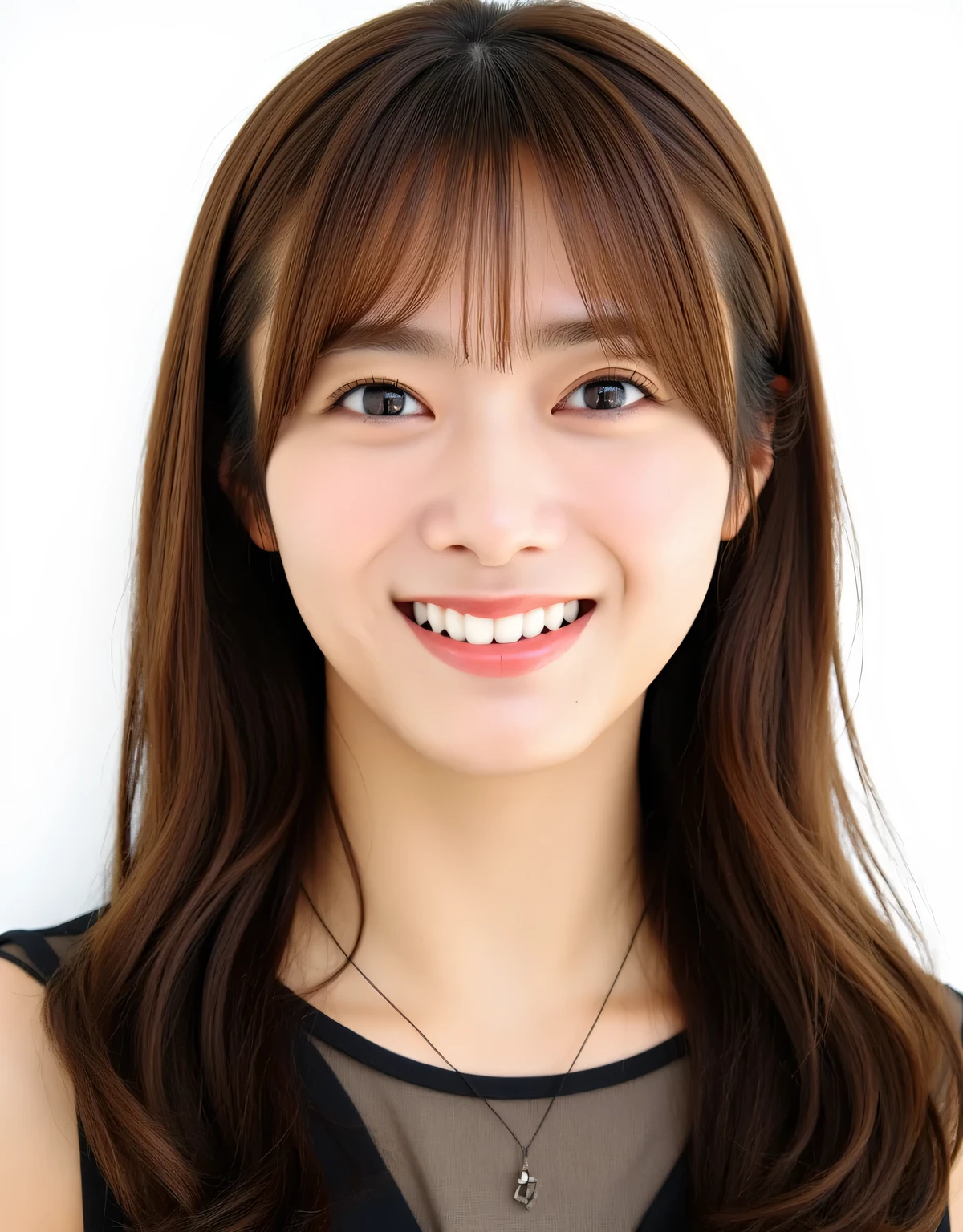 The image is a close-up portrait of a young woman's face, wearing a black dress. She has long, straight, shoulder-length brown hair with bangs. Her hair is styled in loose waves that hang over her forehead. She is looking directly into the camera, smug, against a white background.