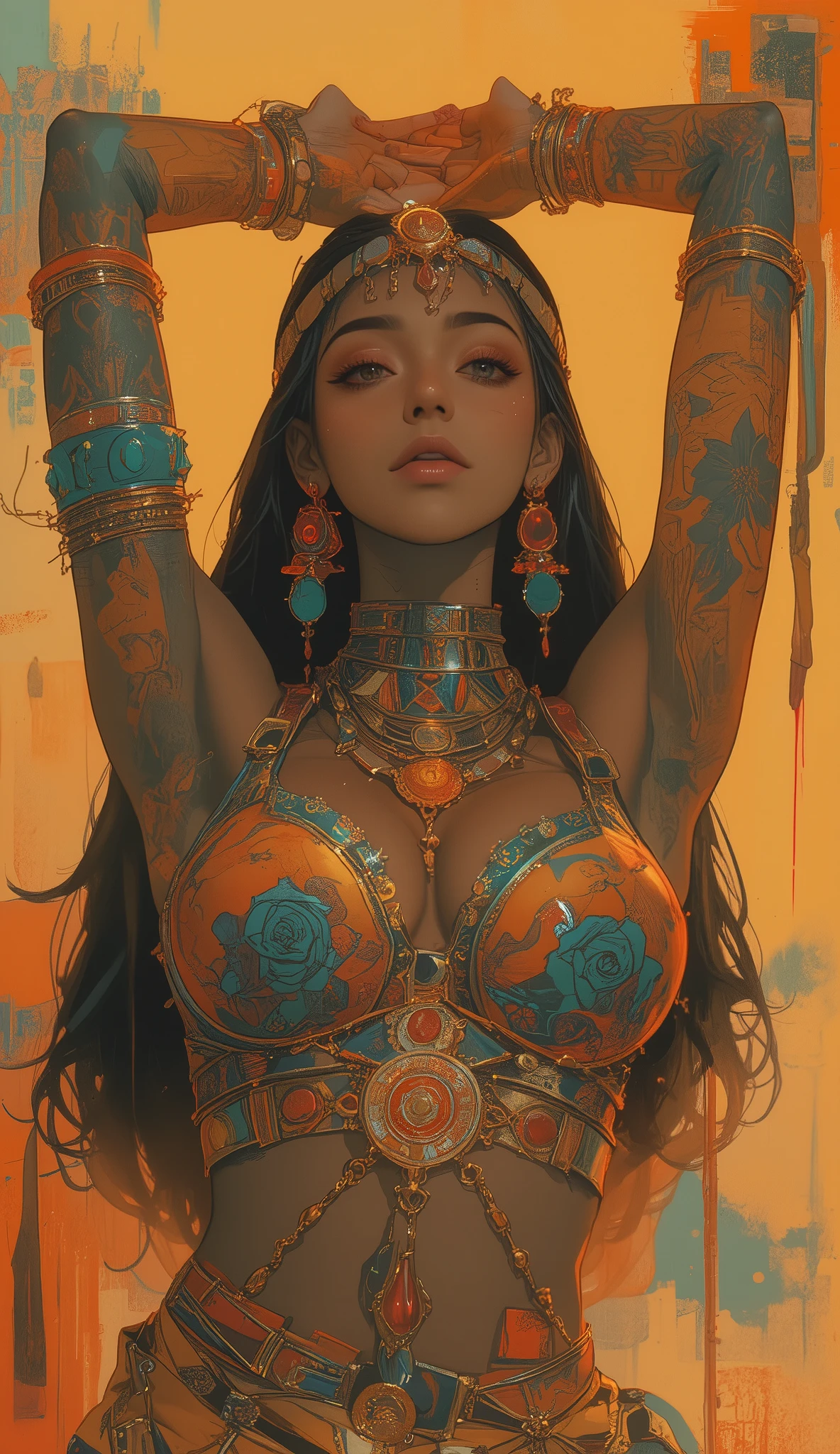 A striking, vibrant illustration of the dancer in performance , characteristic bold, Color contrasts and intricate patterns. figure, womanhood, Rendered with a stylish yet subtly edgy vibe , The vibrant color backdrop against the deep black skin tones creates a dramatic, almost abstract, look. Her arms are gracefully raised, adorned with jewelry, including bracelets and rings, Featuring accents of red and turquoise. Her pose exudes grace and movement, characteristic of traditional dance forms. The dancer is wearing a richly decorated costume, Her bra-like top features prominent embellishments , round motif. headdress for her、 An exotic Egyptian-themed costume that captures the essence of dance through color , A vibrant red pattern mirrors the patterns on her arms and legs . The intricate pattern on her outfit resembles a vibrant orange and red floral print , suggest cultural richness. The dancer's eyes are large and expressive, Enhanced by makeup that accentuates her features. This image celebrates cultural artistry, Vibrant , Exaggerated shapes and colors.