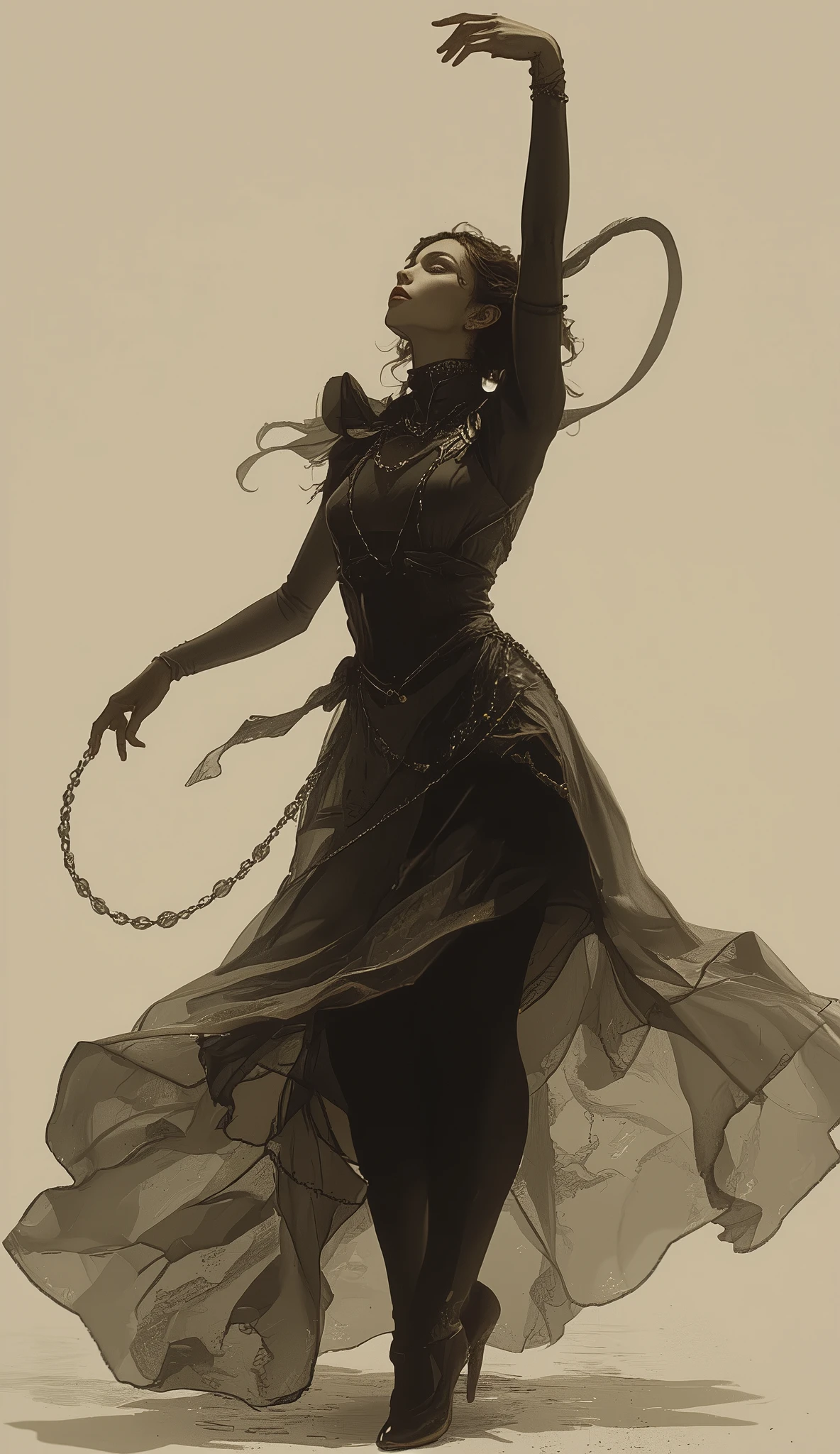 dynamic, The dancer's The silhouette is in a dramatic pose against a pale background. The dancer's body is graceful, lifts one arm above her head、It draws a supple curve with the other arm extended outward. her head is slightly tilted, is partially hidden by the raised arm, It has a mysterious and introspective atmosphere. The image is expressed in dark sepia, adorned with beads、adds a vintage feel, and a timeless feeling. she is wearing an elaborate costume, contrasts, texture and detail are added to the silhouette. and layers of fabric from her waist, The movement is created as if you were in the middle of a dance, enhances the lively atmosphere. her legs move in a flowing manner, } One leg is slightly raised at the knee. The overall composition conveys elegance and fluidity, The effect of the light and dark method enhances、The dancer's figure is emphasized in an artistic and enchanting way.