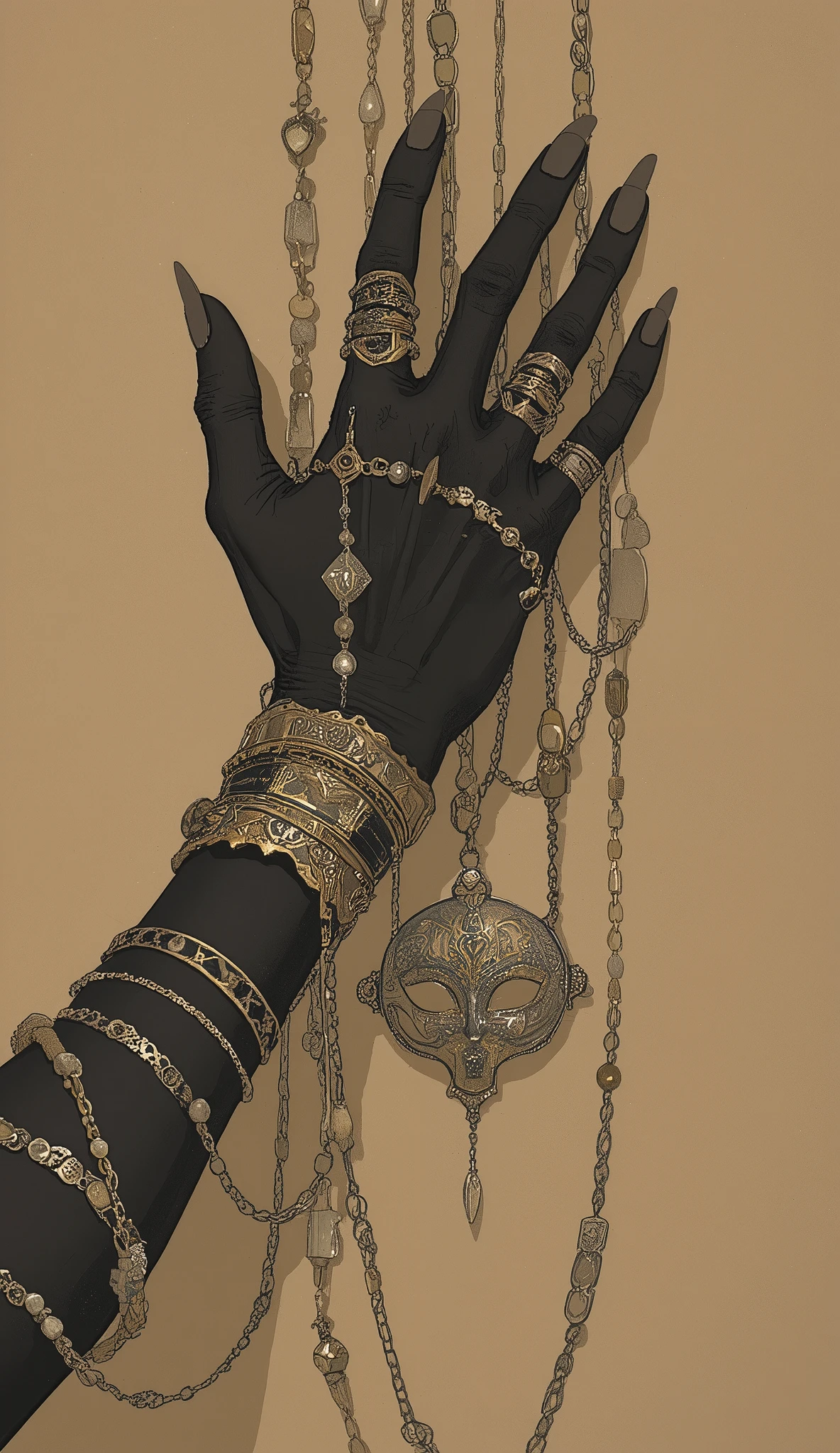 create a、to convey a sense of luxury and artistry、高度にMr.式化された印象的なイラスト. Hands are dark、evoke, simple ones; others extend. on the wrists and forearms、Gold and black bracelets and bangles wrapped in countless numbers, upward、複雑な模Mr.が施されているものもある. Mr.々Long pearls and beads hang on the hands through intricate details and rich textures, chain reaction on a plain brown background. Delicate pendant , similar to a small thing , Ornate Masks, are central elements of the. due to bold lines and the use of contrasting colors、A graphic and dramatic quality is given to the image, elegance and mystery, and. Minimal backgrounds draw attention to decorative hands, composition hanging from one of the chains. whole, This work is、Highly stylized and impressive illustrations、use of bold lines and contrasting colors.