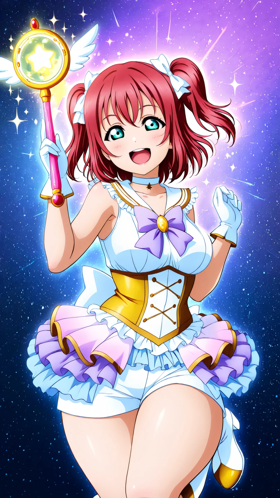 Love live,shiny skin,professional artwork, official artwork, Kurosawa ruby,curvy body, fembodHQill, big breasts, narrow shoulders, thin arms, confident smile, dynamic pose, star motif, jeweled ribbon, frilled skirt, layered mini skirt, white shorts under skirt, thigh-high boots, knee boots, golden trim, puffed shoulders, corset top, embroidered details, gloves, choker, magical wand, glowing gem, sparkling aura, cosmic background, radiant lighting, heroic atmosphere