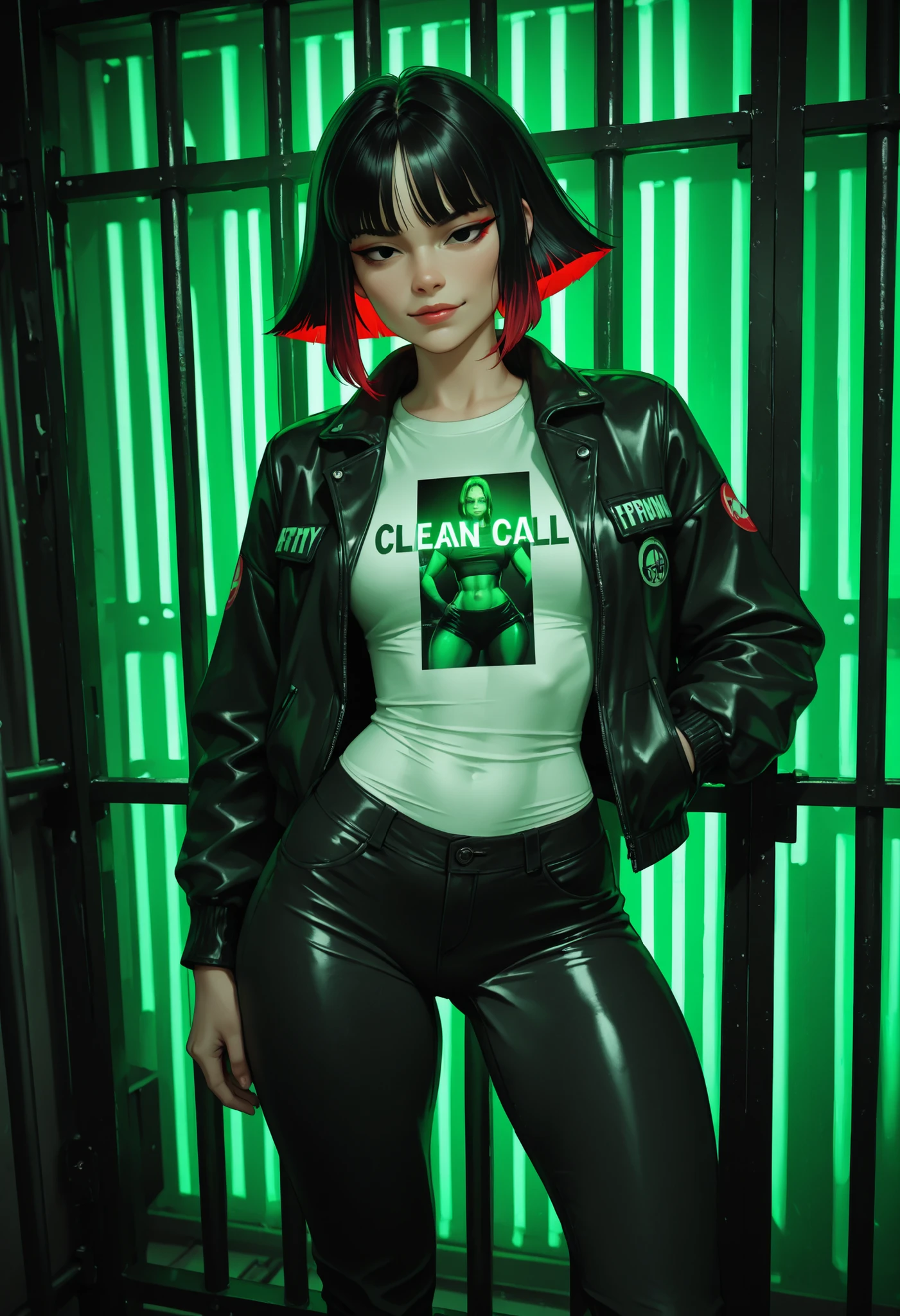 ((RAW Photo), Absurds, (Absurd Resolution)), (beautiful girl, 21 years old), (black eyes), (long, straight, ironed hair, bangs, black with red highlights), (outfit: ripped, fitted pants, tight t-shirt,  abdomen, open jacket), (, very arrogant, they call her: The hacker Lori), (background: clean sewers, illuminated with green and white zeros and ones), behind bars, (View: Photographic Perspective). «SunPuma S»