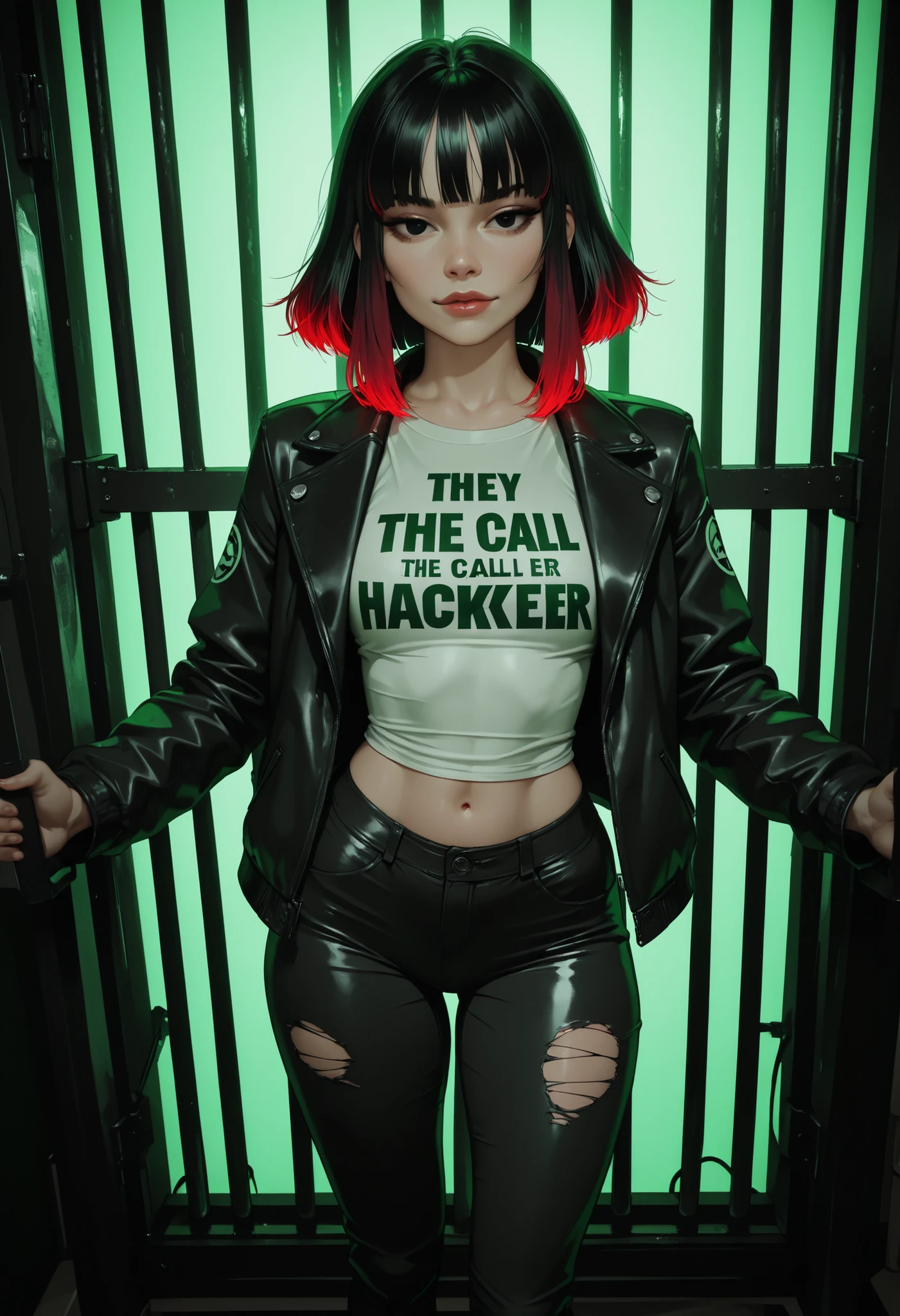 ((RAW Photo), Absurds, (Absurd Resolution)), (beautiful girl, 21 years old), (black eyes), (long, straight, ironed hair, bangs, black with red highlights), (outfit: ripped, fitted pants, tight t-shirt,  abdomen, open jacket), (, very arrogant, they call her: The hacker Lori), (background: clean sewers, illuminated with green and white zeros and ones), behind bars, (View: Photographic Perspective). «SunPuma S»